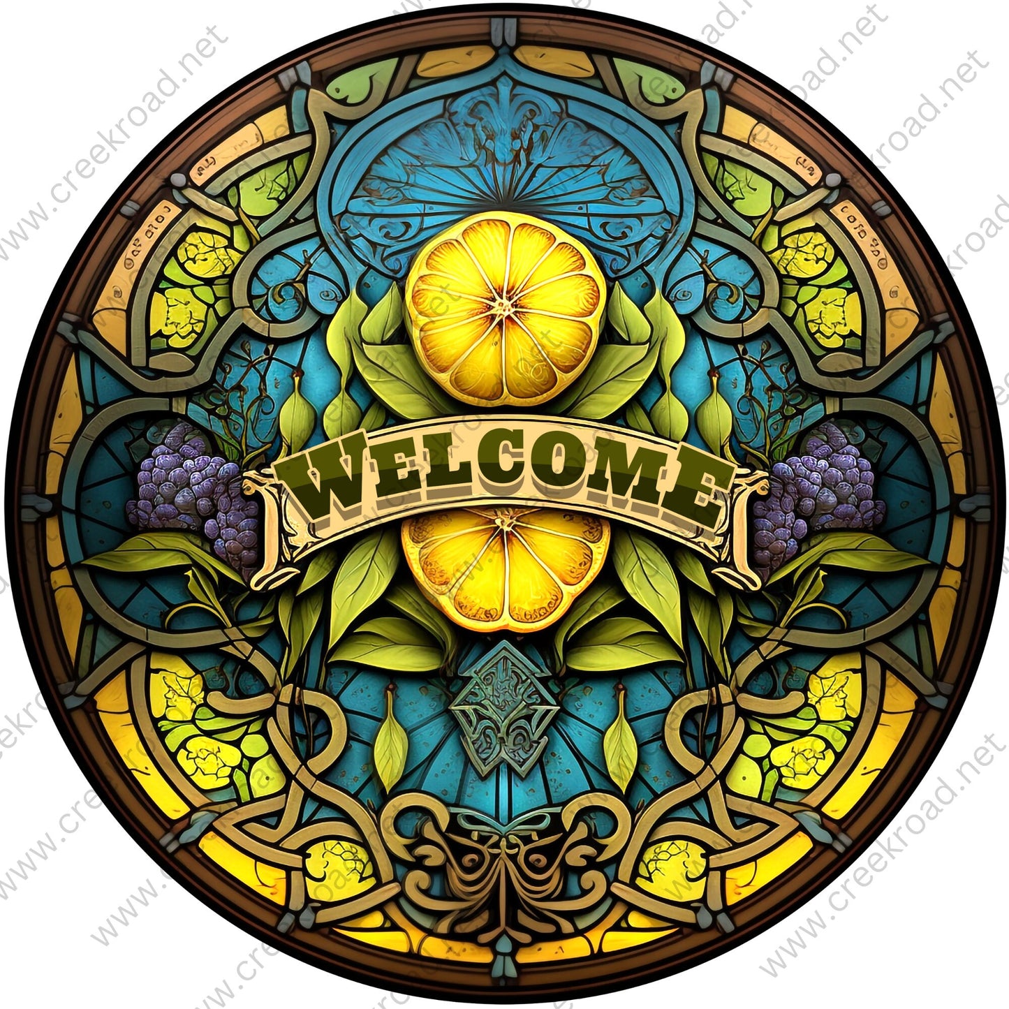 Welcome Lemon Themed FAUX Stained Glass Green Leaves Blue Yellow Background-Wreath Sign-Round-Everyday-Sublimation-Attachment-Decor