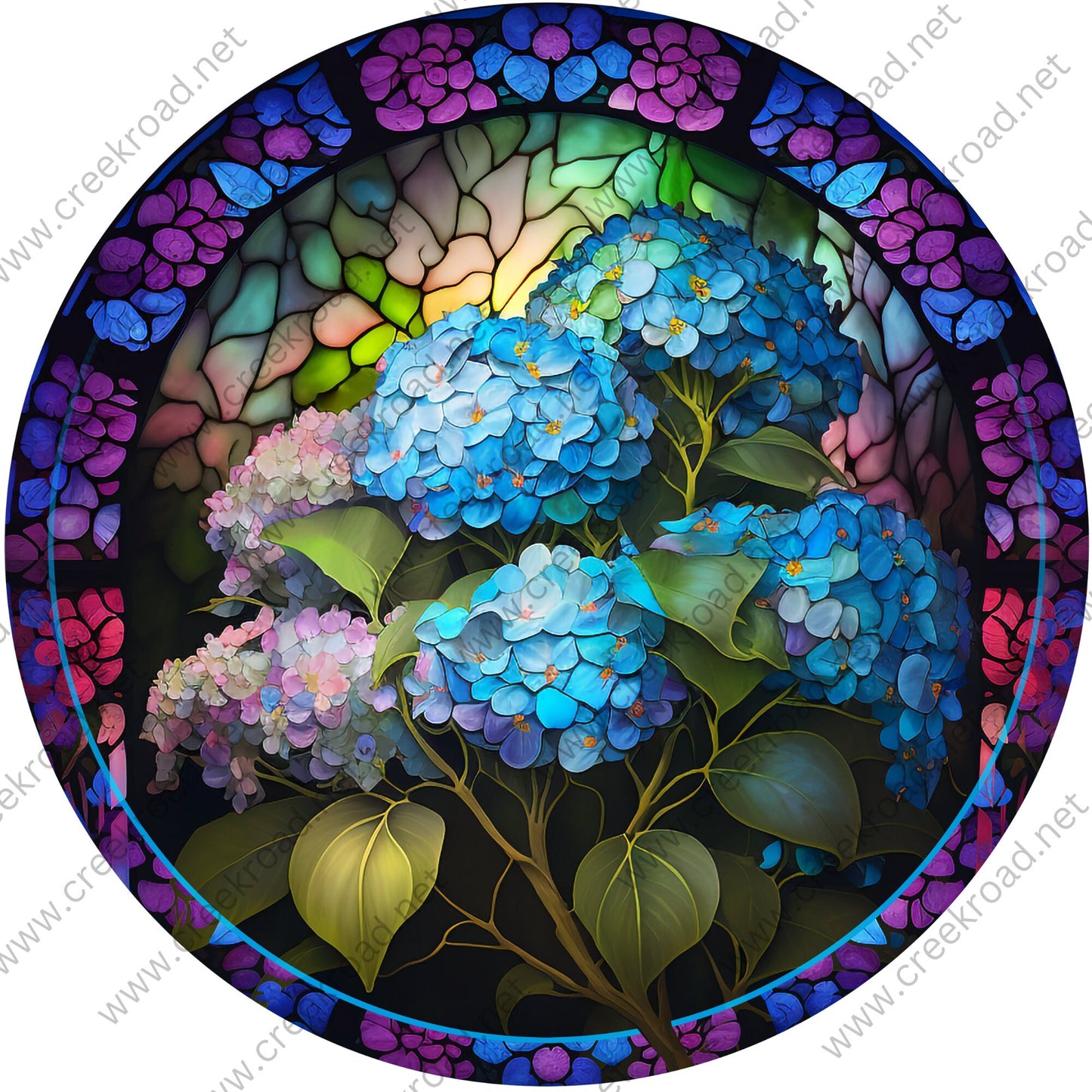 Beautiful Blue Hydrangas Hortensia FAUX Stained Glass Wreath Sign-Round-Everyday-Spring-Sublimation-Aluminum-Attachment-Decor