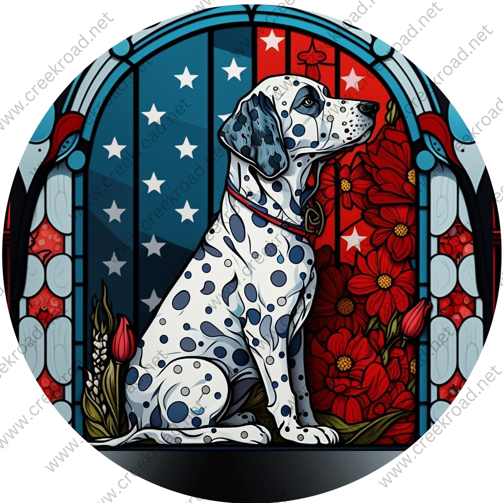 Patriotic Firehouse Spotted Dalmatian Dog FAUX Stained Glass Wreath Sign-Round-Everyday-Spring-Sublimation-Aluminum-Attachment-Decor