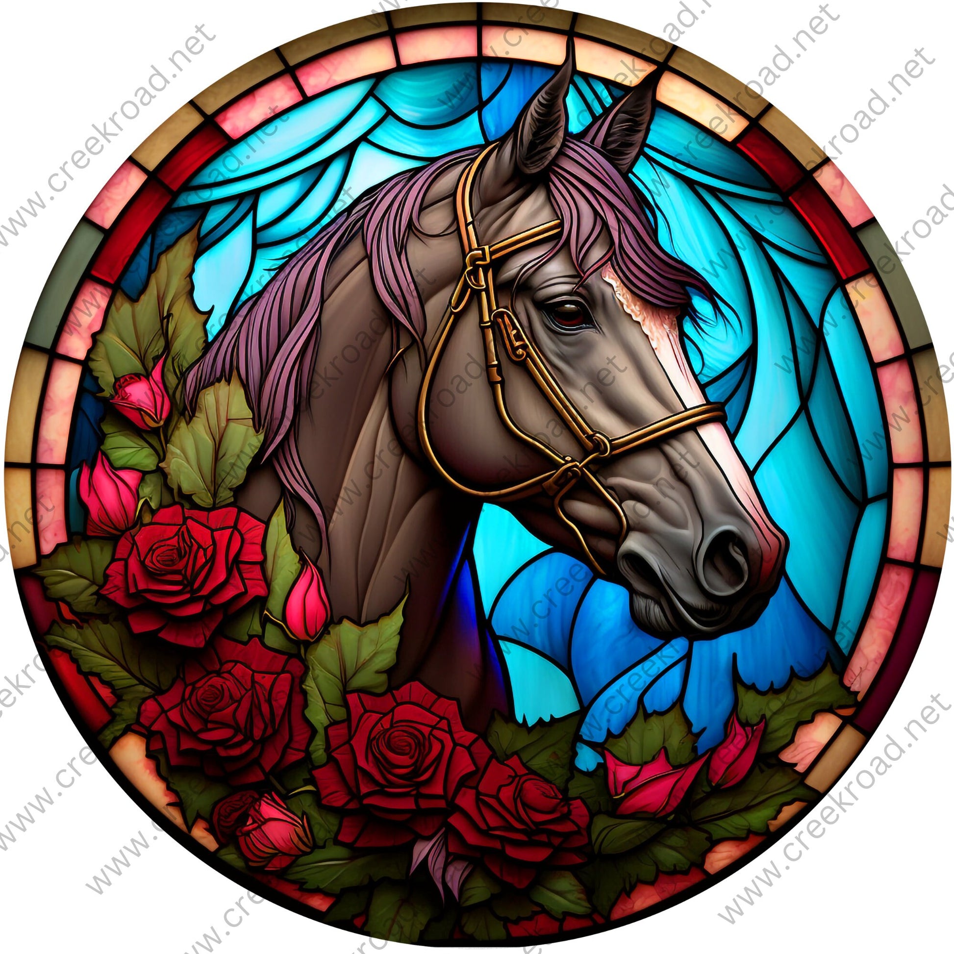 Derby Winner Horse FAUX Stained Glass Wreath Sign Red Roses Blue Background-Round-Everyday-Spring-Sublimation-Aluminum-Attachment-Decor