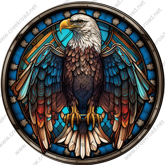 Patriotic American Bald Eagle on Perch Colorful FAUX Stained Glass Wreath Sign-Round-Everyday-Spring-Sublimation-Aluminum-Attachment-Decor