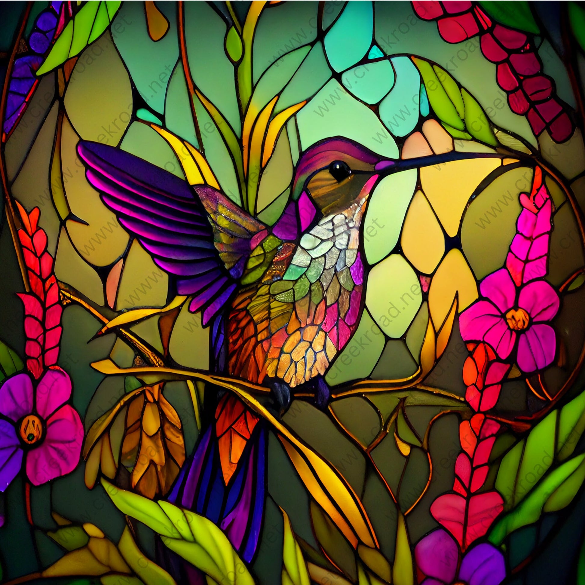 Colorful Spring Hummingbird of Many Colors Faux Stained Glass-10"x10" Square-Wreath Sign-Sublimation-Attachment-Decor-Summer-Spring