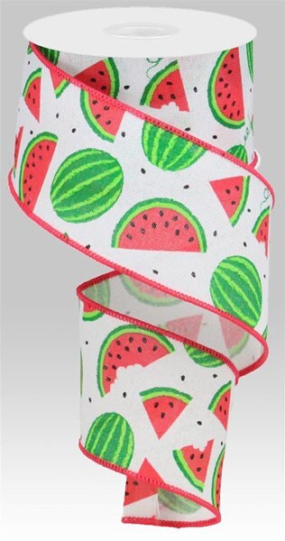 2.5" X 10Yd Wired Ribbon-Watermelon Slices/Faux RoyalRibbon-RG0199227-White/Red Pink/Grn/Black-Wreaths-Crafts