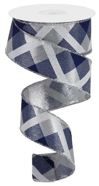 1.5" X 10Yd Wired Ribbon-Printed Plaid On Metallic Ribbon-RGA1693TY-Silver/Navy Blue/White-Wreaths-Crafts