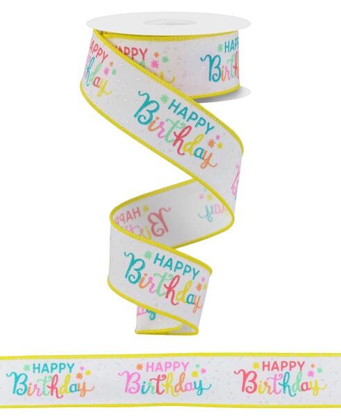 1.5" X 10Yd Wired Ribbon-Happy Birthday Script Ribbon-RGE1631J7-White/Pch/Teal/Pnk-Wreaths-Crafts