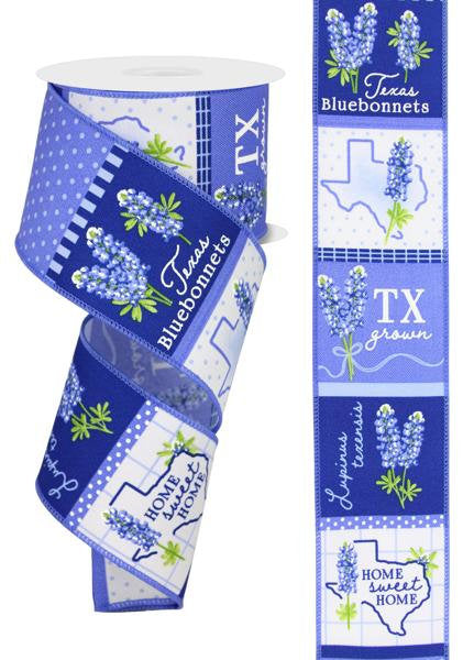 2.5" X 10Yd Wired Ribbon-Bluebonnets On Diagonal Ribbon-RGE1768NL-Blue/Green/White-Wreaths-Crafts