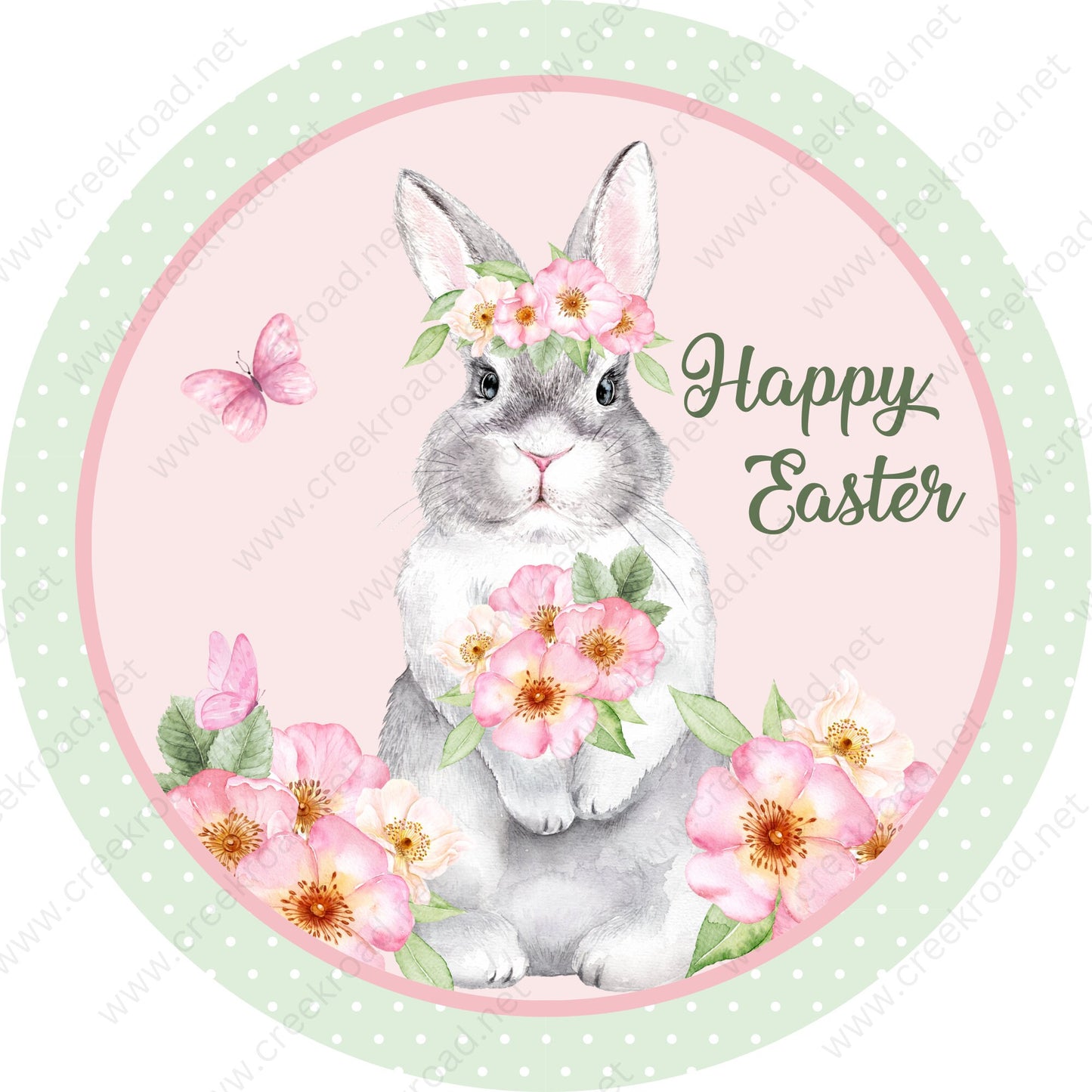 Happy Easter Grey Bunny Sits in Flower Garden Wreath Sign-PICK YOUR FINISH-Sublimation-Round-Spring-Attachment-Decor-Easter