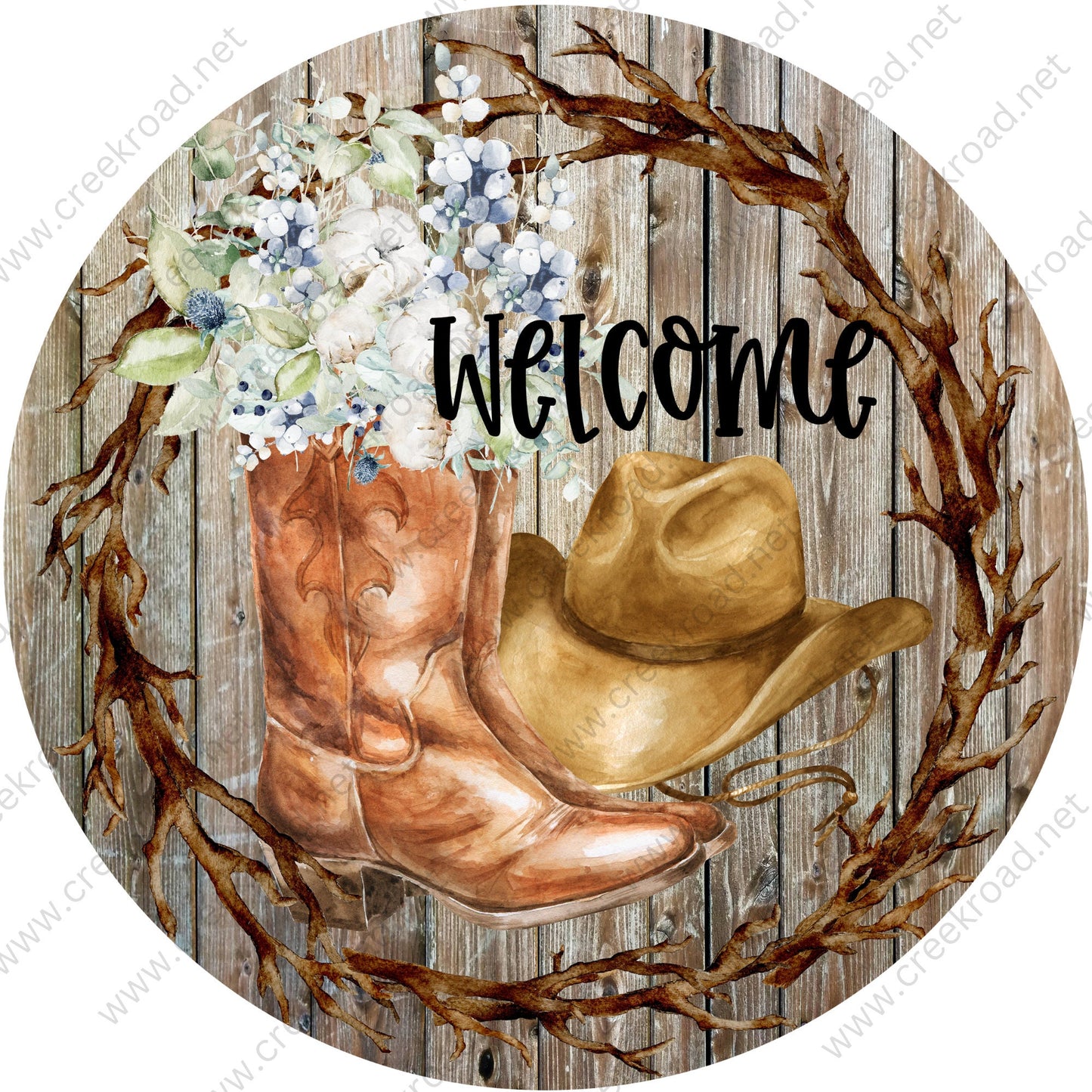 Welcome Rustic Western Cowboy Hat Boots Full of Flowers on Wood Background Wreath Sign-Round-Everyday-Spring-Sublimation-Attachment-Decor