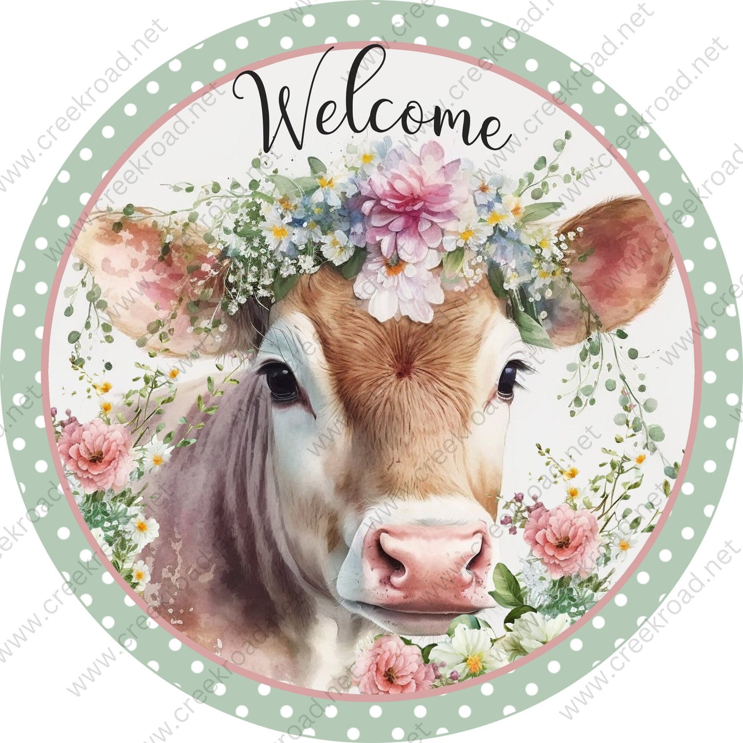 Welcome Brown Farm Cow with Crown Pink Flowers Wreath Sign White Polka Dot Border-Round-Farm-Everyday-Spring-Sublimation-Attachment-Decor