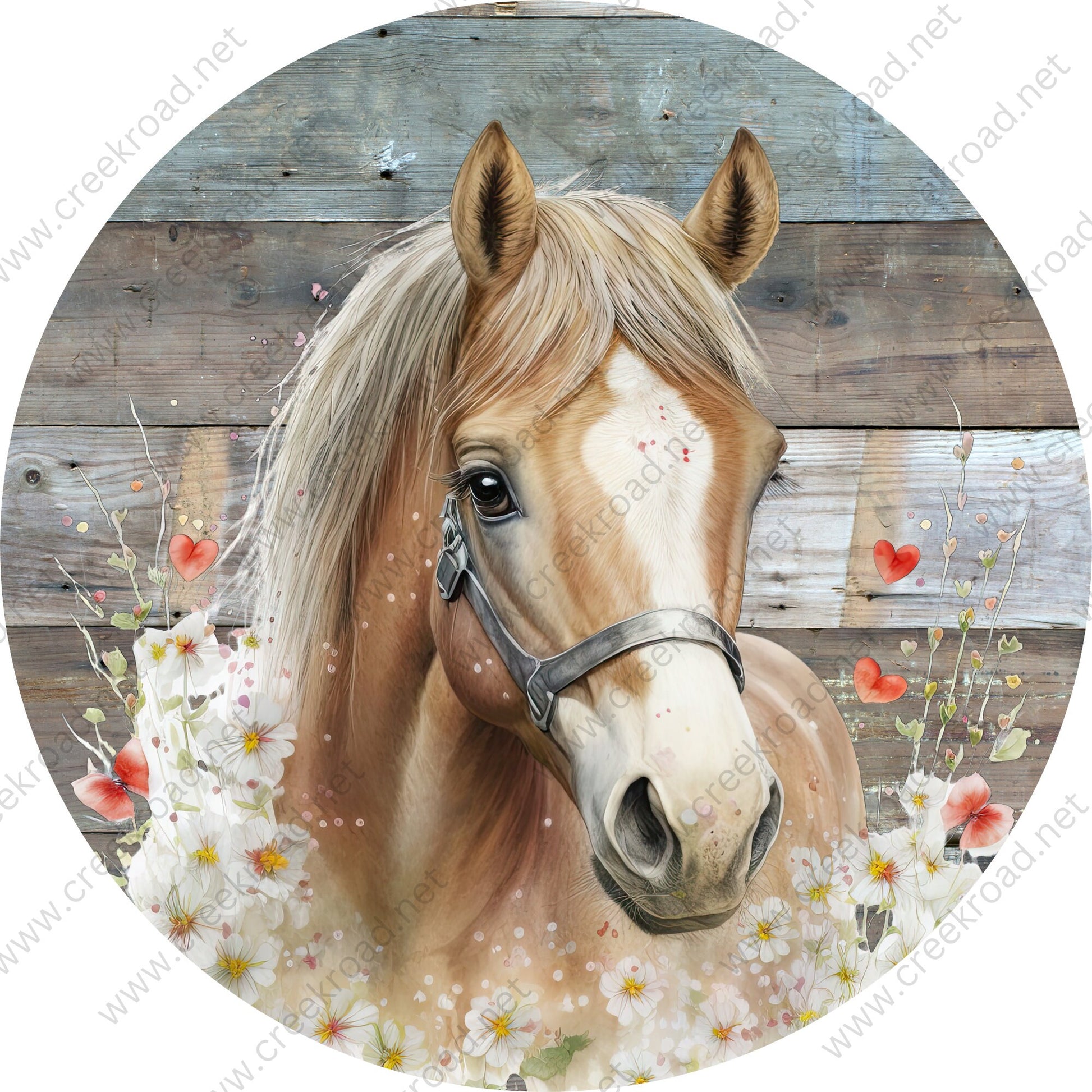 Brown Tan Horse with Flower on Wood Background Wreath Sign-Round-Farm-Everyday-Spring-Sublimation-Attachment-Decor