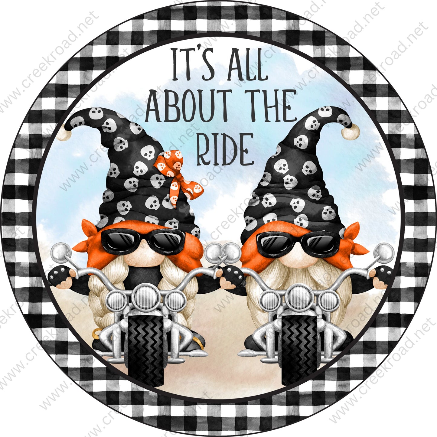 It's All About The Ride Biker Gnomes With Bandana Black Checkered Border Wreath Sign-PICK YOUR COLOR-Occupational-Round-Sublimation-Decor