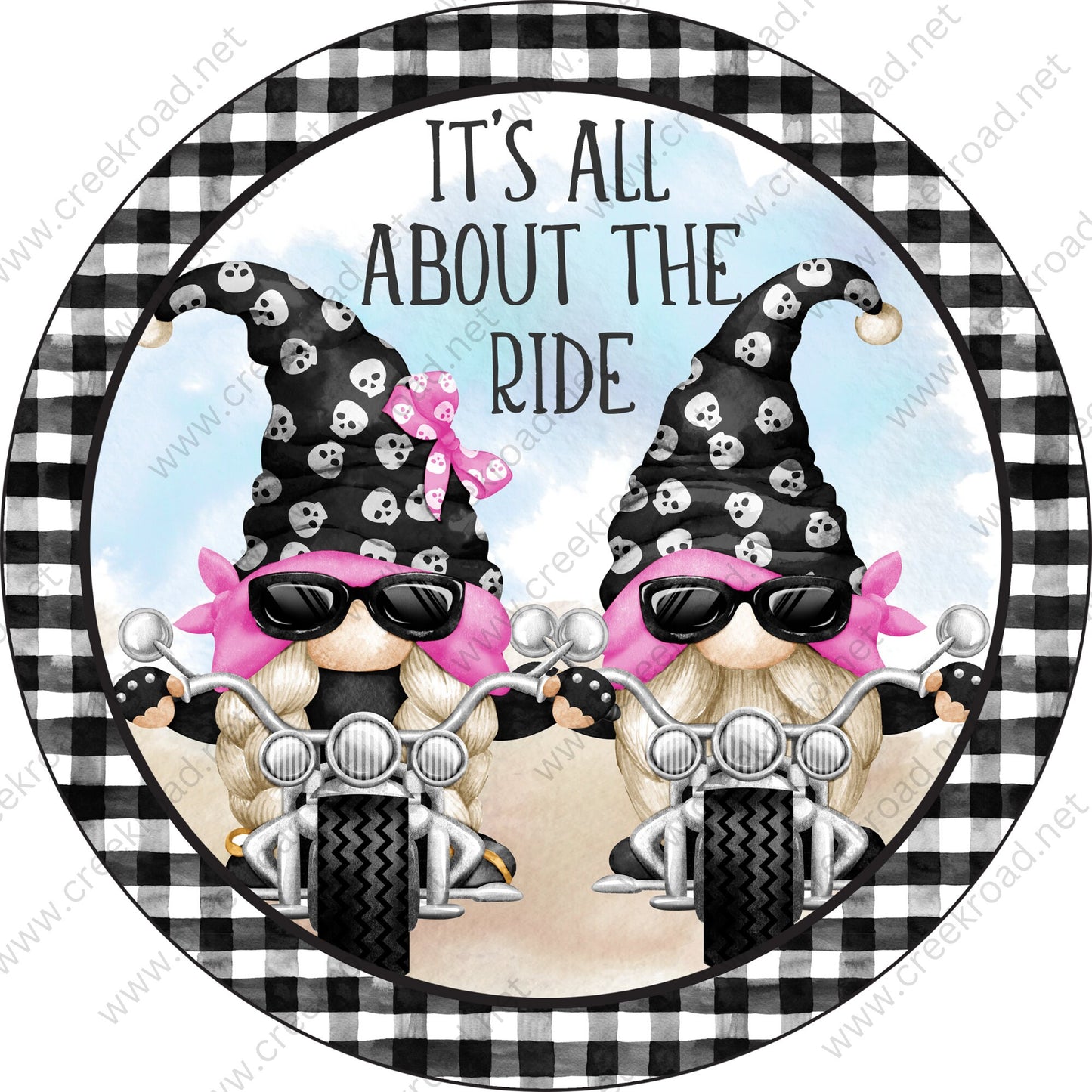 It's All About The Ride Biker Gnomes With Bandana Black Checkered Border Wreath Sign-PICK YOUR COLOR-Occupational-Round-Sublimation-Decor