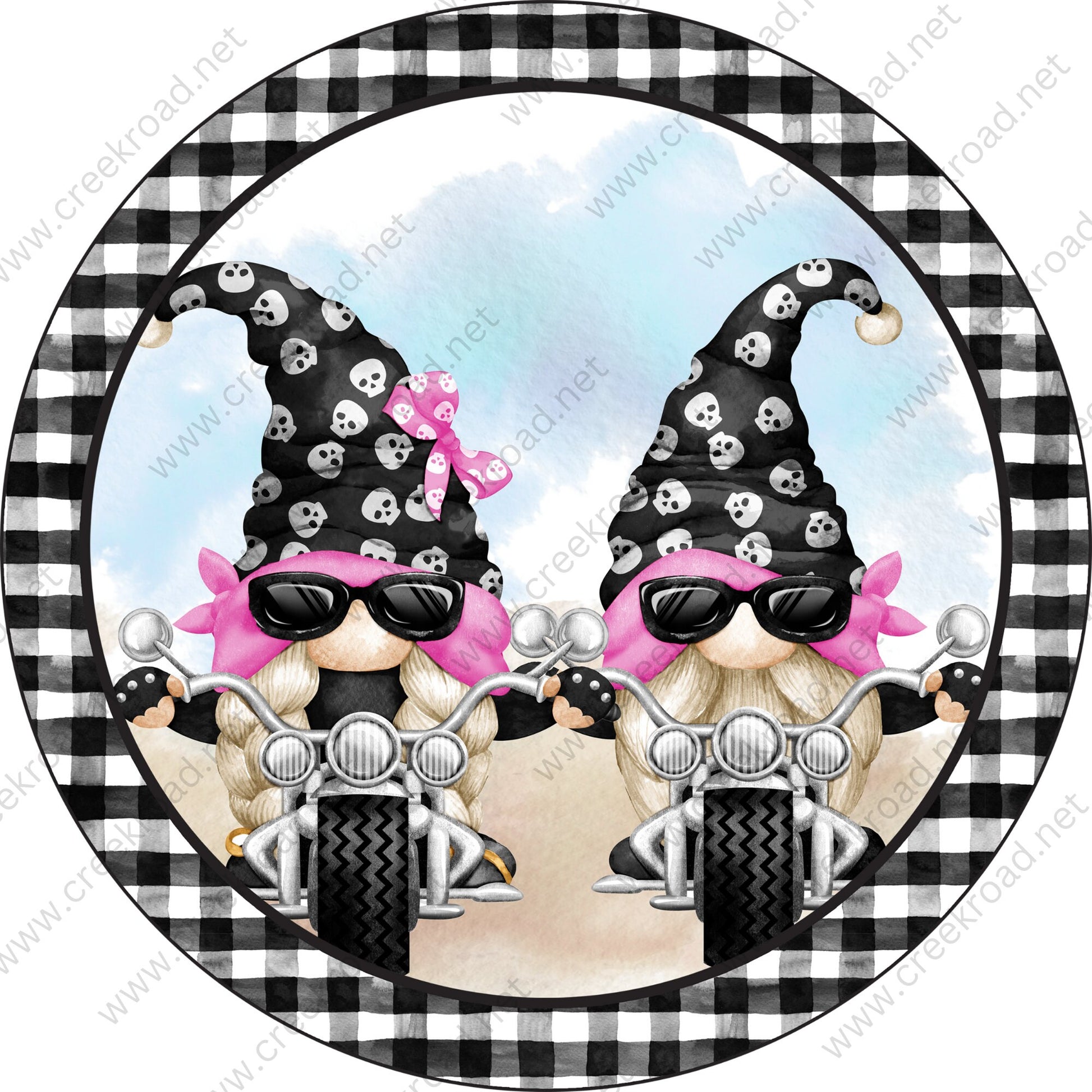 Biker Gnomes With Bandana Black Checkered Border Wreath Sign Blank-PICK YOUR COLOR-Occupational-Round-Sublimation-Decor