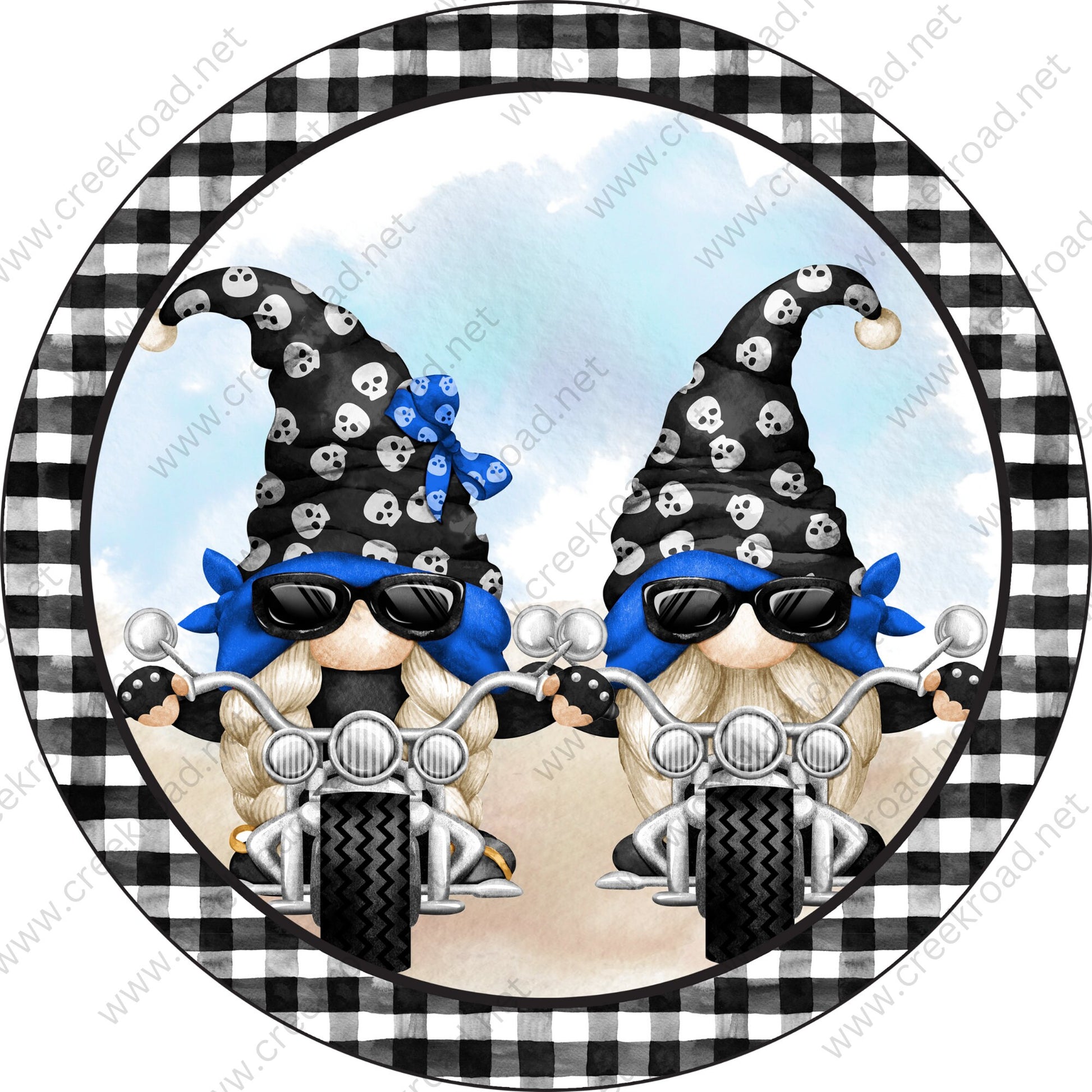 Biker Gnomes With Bandana Black Checkered Border Wreath Sign Blank-PICK YOUR COLOR-Occupational-Round-Sublimation-Decor