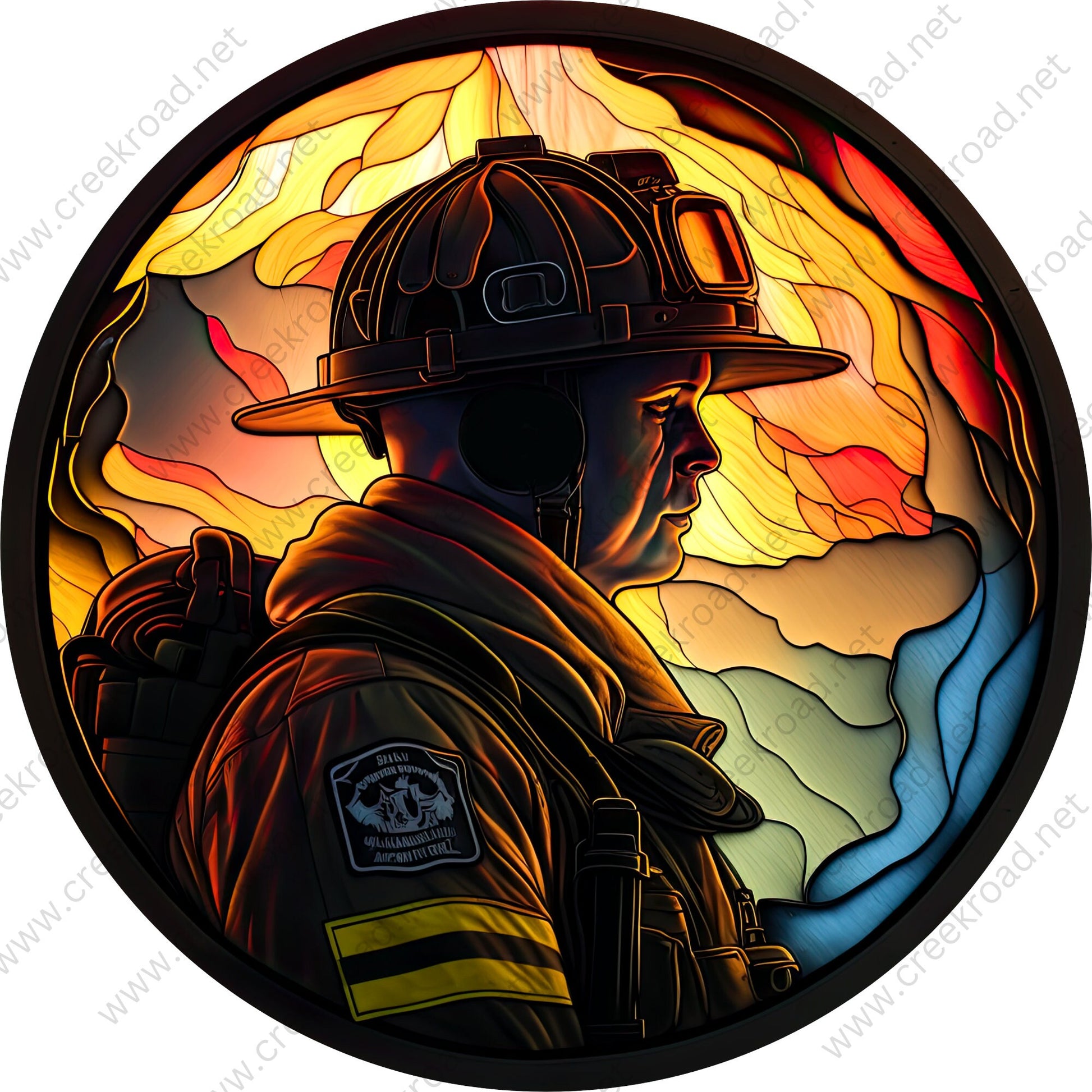 First Responder Fireman In Inferno of Flames Faux Stained Glass Wreath Sign-Round-Sublimation-Occupational-Everyday-Decor