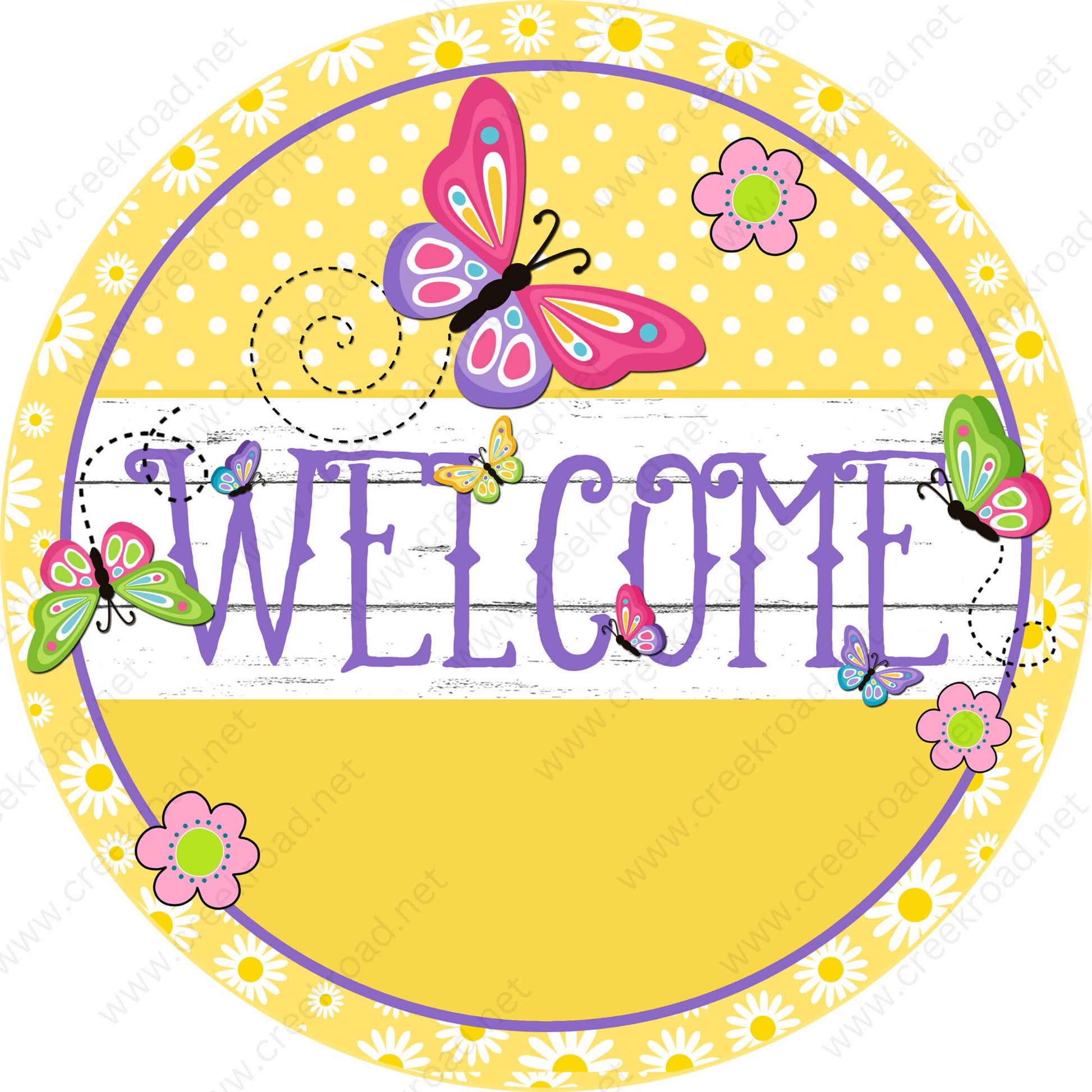 Welcome Yellow White Purple with Pink Butterflies Daisy Border Wreath Sign-Sublimation-Round-Spring-Summer-Decor