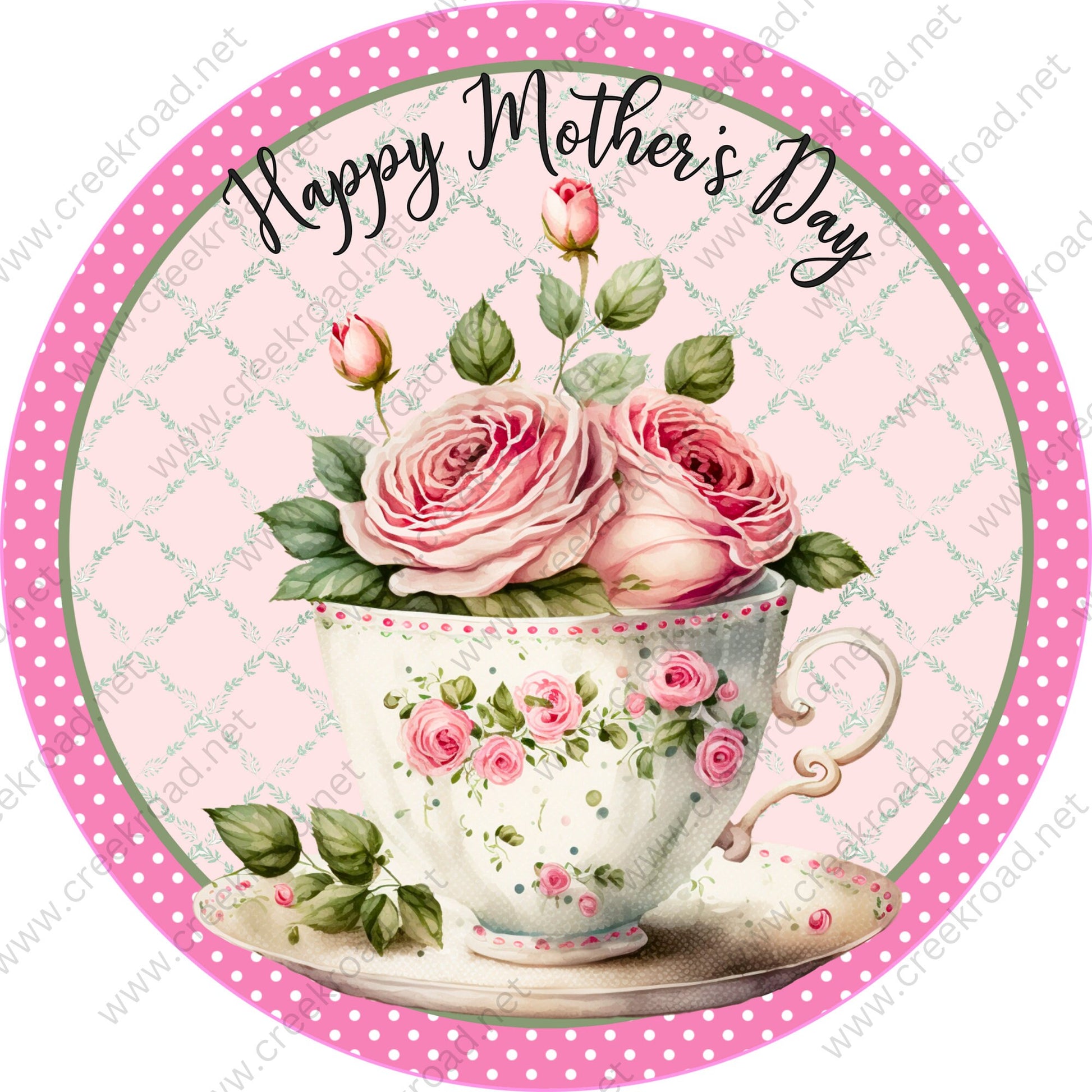 Happy Mother's Day Pink Roses in Tea Cup Saucer Pink White Polka Dot Background-Blank-Wreath Sign-Sublimation-Round-Spring-Summer-Decor