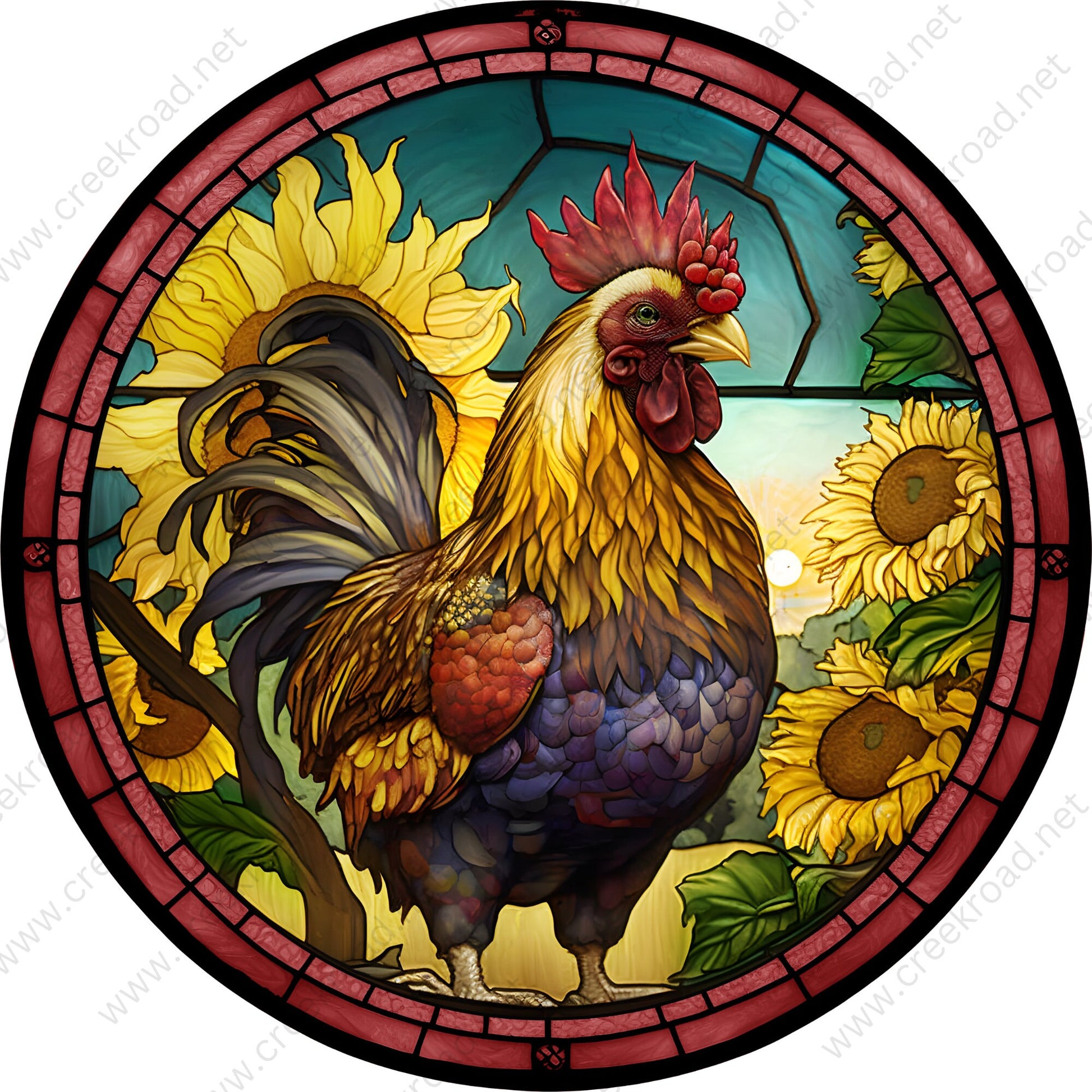 Colorful Rooster in Field of Sunflowers Faux Stained Glass Wreath Sign-Round-Everyday-Spring-Sublimation-Attachment-Decor