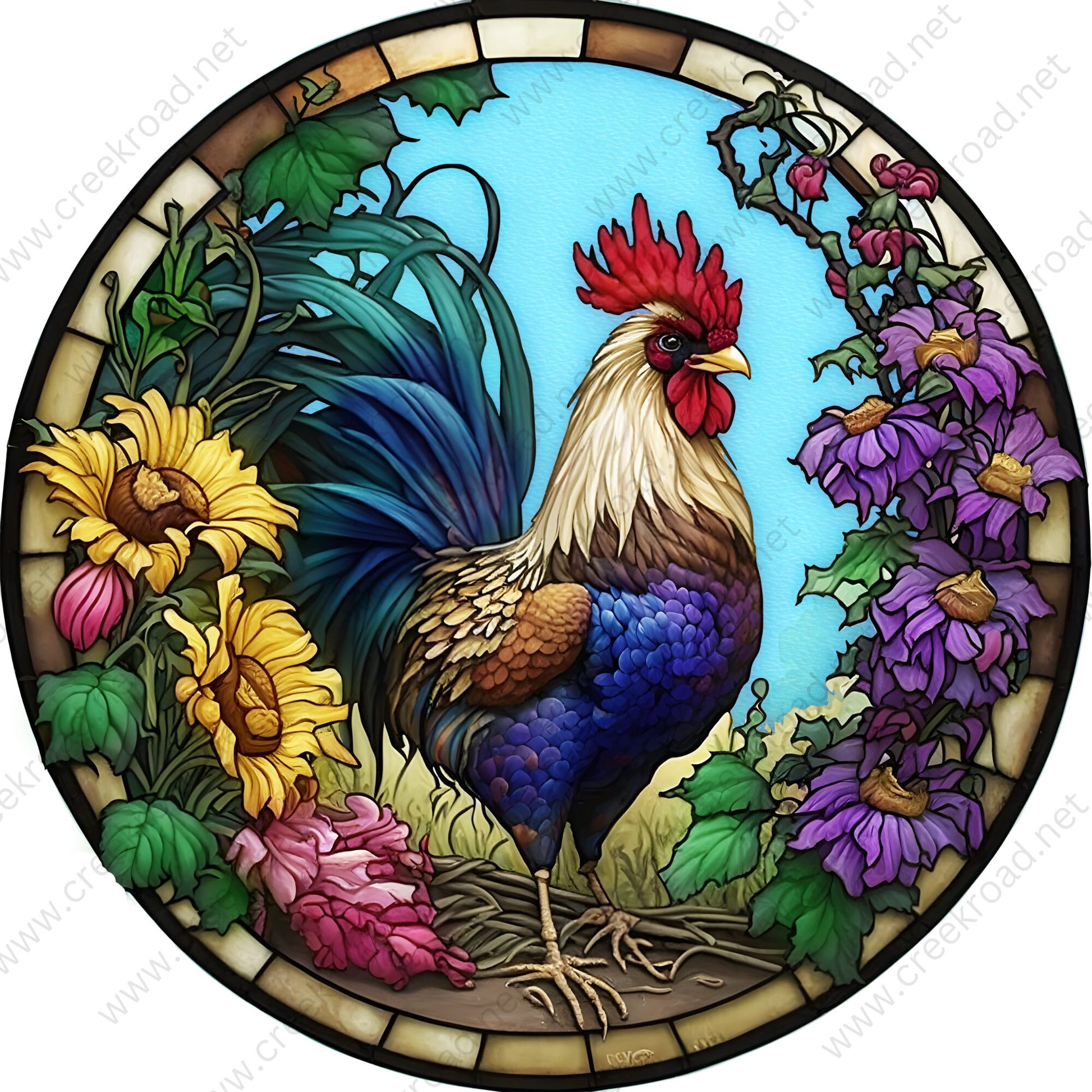 Colorful Rooster Sunflower Purple Florals Faux Stained Glass Wreath Sign-Round-Everyday-Spring-Sublimation-Attachment-Decor