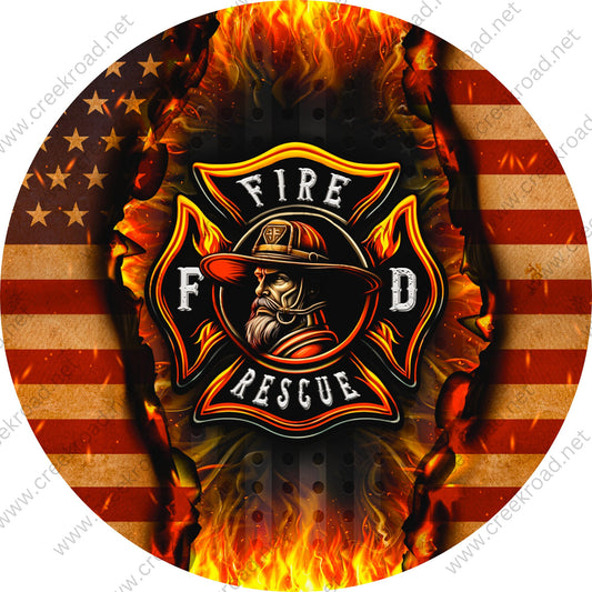 Fire FD Rescue Symbol with Burning American Flag Background Wreath Sign-Round-Sublimation-Occupational-Everyday-Decor