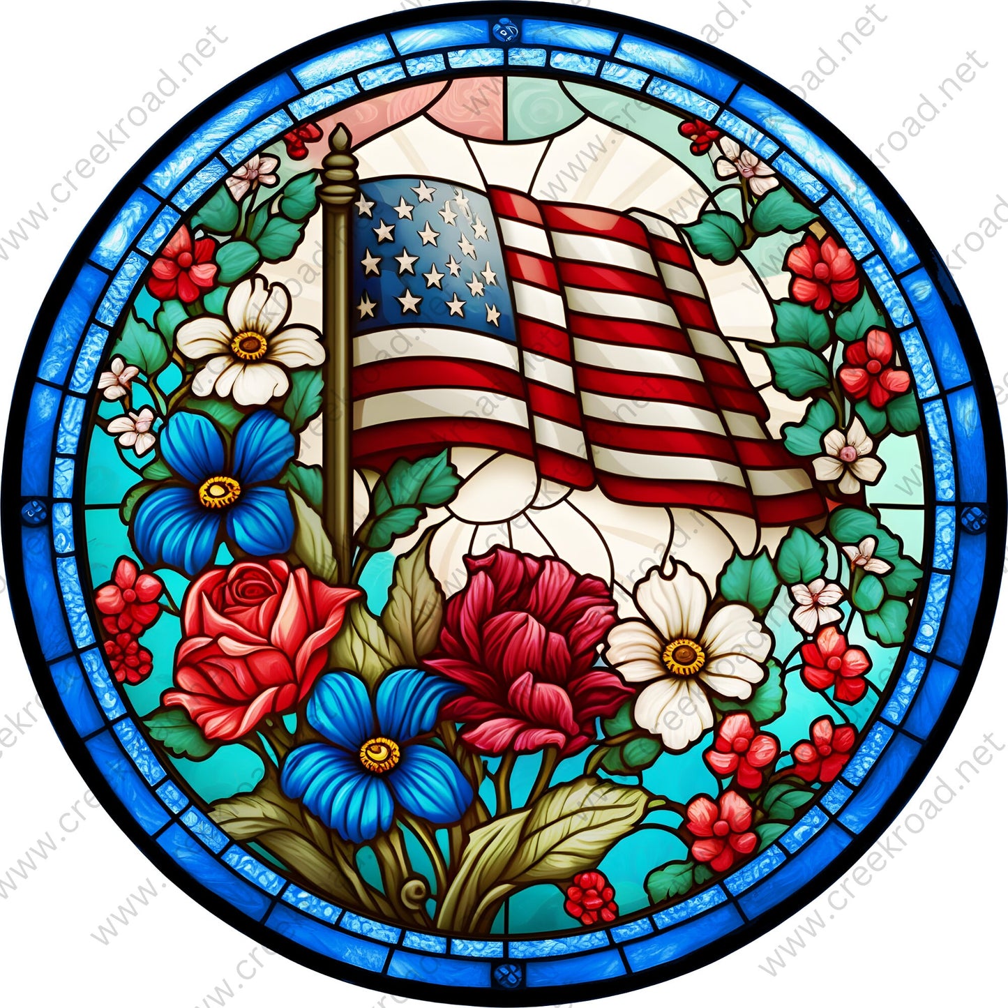 Patriotic American Flag in Flowers Faux Stained Glass Wreath Sign-Round-Spring-Sublimation-Aluminum-Attachment-Decor