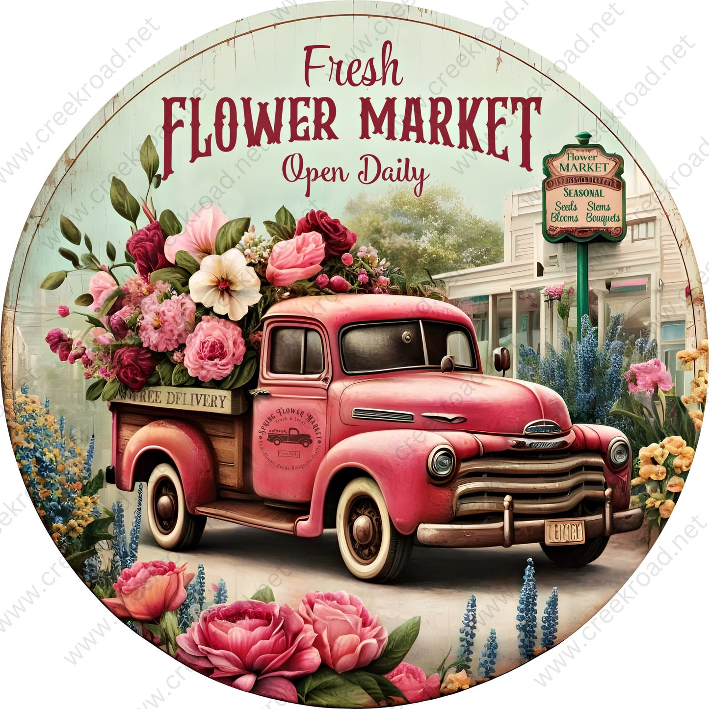 Vintage Red Truck Fresh Flower Market Bed Full of Flowers Wreath Sign-Sublimation-Round-Spring-Summer-Decor