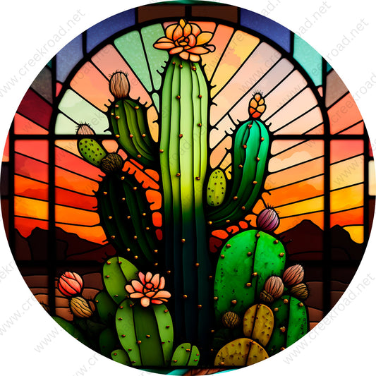 Blooming Cactus at Sunset Faux Stained Glass Wreath Sign-Green Orange Everyday-Sublimation Sign-Wreath Attachment-Decor