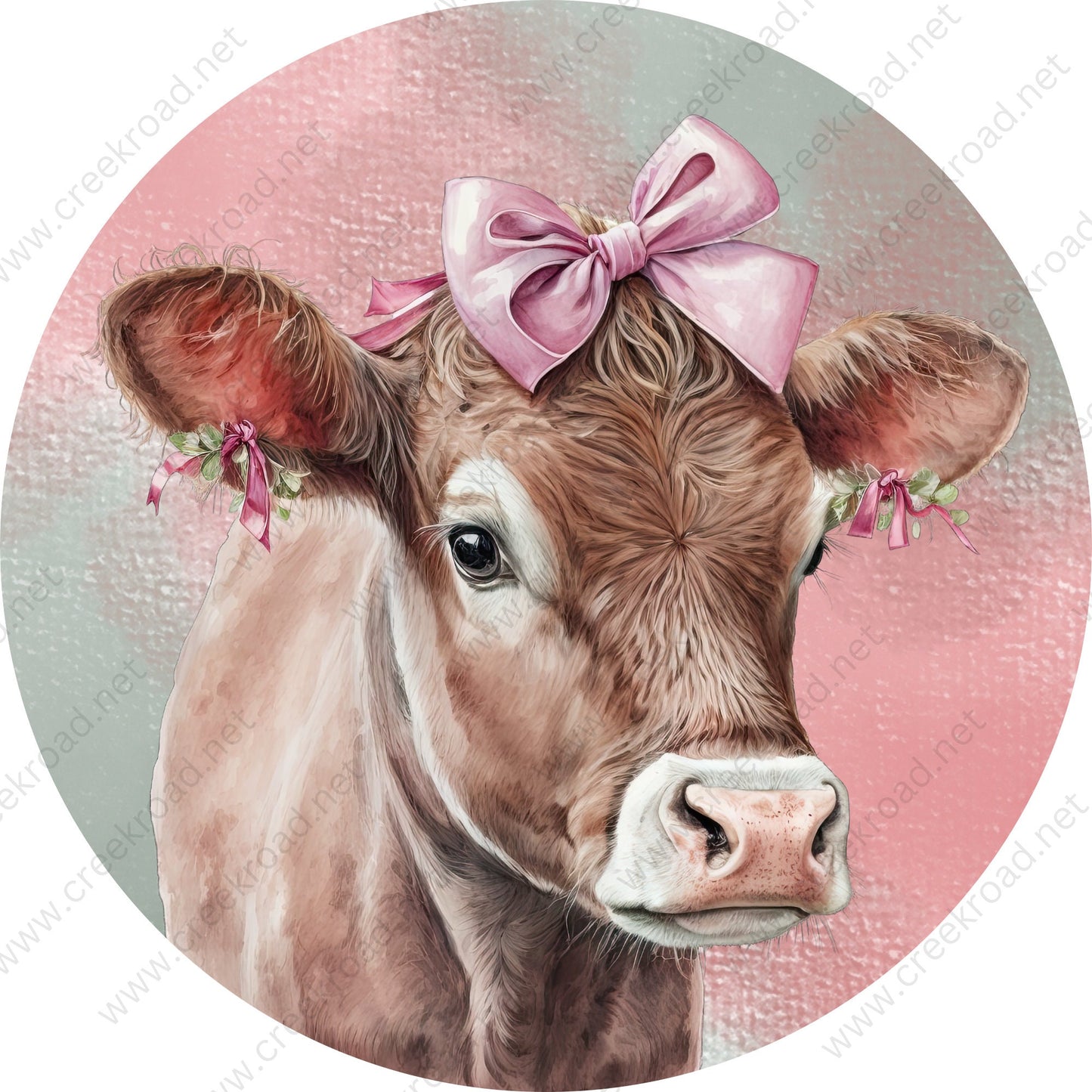 Pretty Pink Farm Cow with Pink Green Bows on Textured Colored Background Wreath Sign-Round-Farm-Everyday-Spring-Sublimation-Attachment-Decor