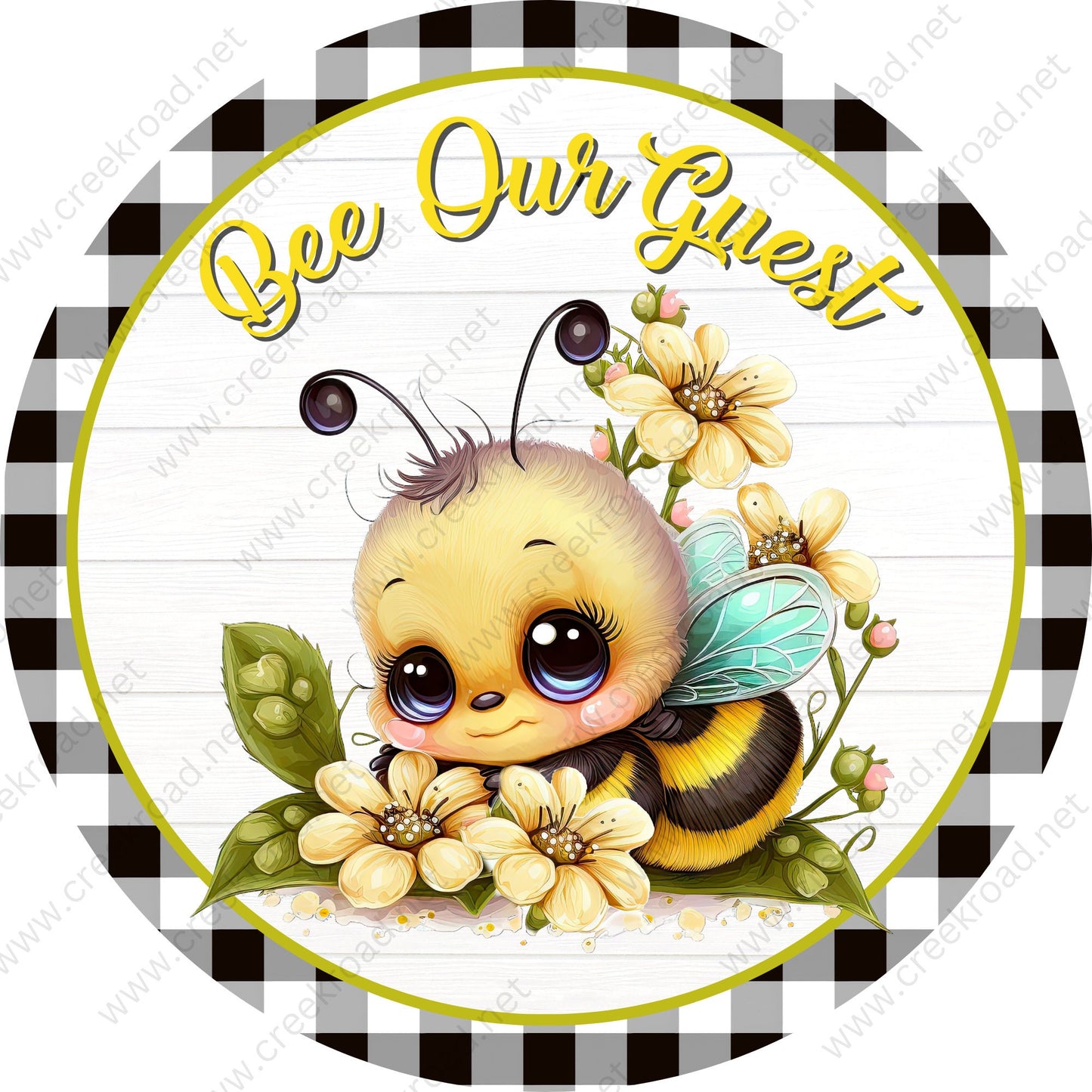 Bee Our Guest Cute Spring Bee with Black White Checkered Border Wreath Sign-Sublimation-Round-Spring-Summer-Decor