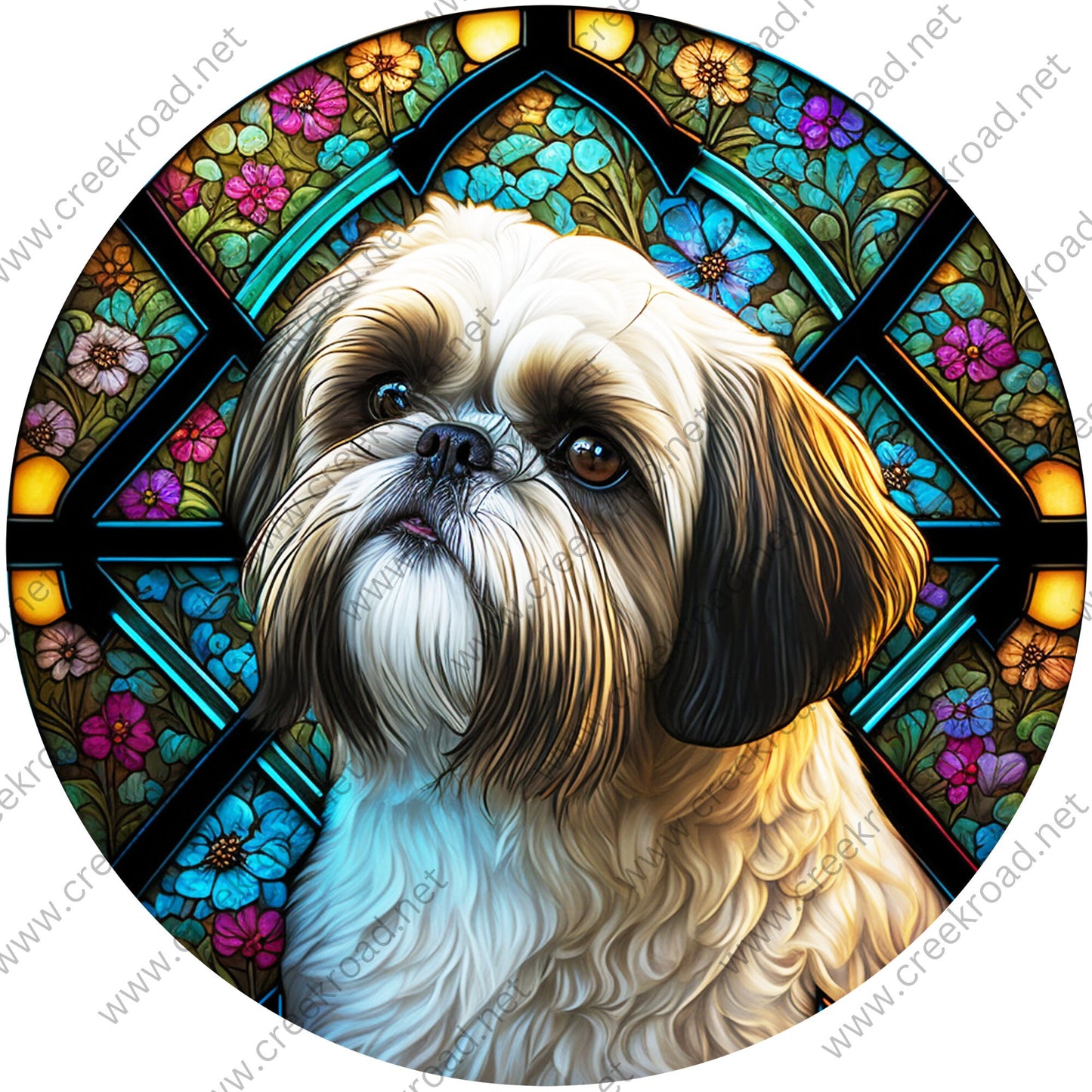 Shih Tzu with Colorful Floral Background FAUX Stained Glass Wreath Sign-Round-Everyday-Spring-Sublimation-Aluminum-Attachment-Decor