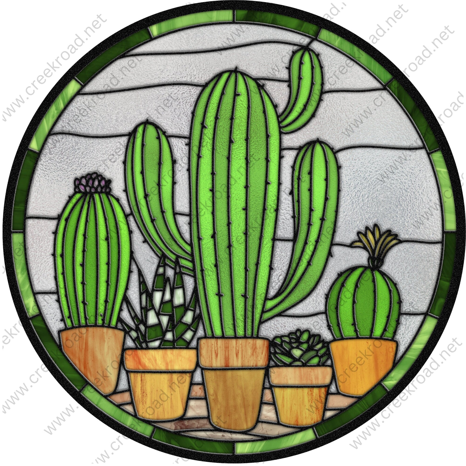 Green Southwestern Cactus in Pots Faux Stained Glass Wreath Sign-Sublimation-Everyday-Attachment-Decor