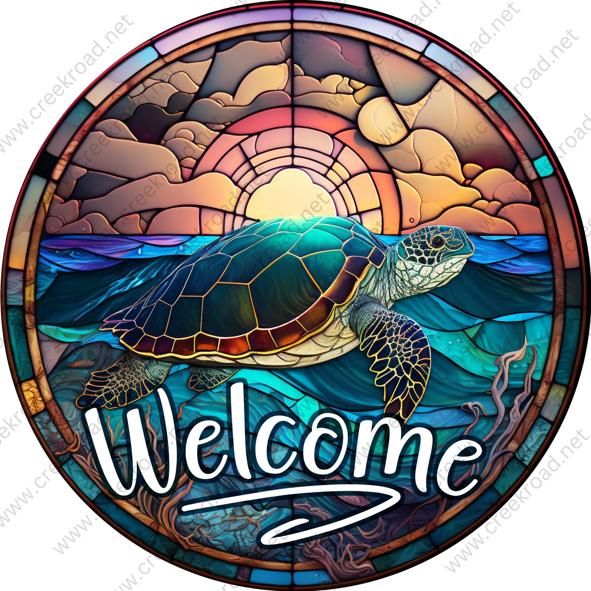 Welcome Sea Turtle Swimming the Ocean at Sunset-CHOOSE YOUR FINISH- Faux Stained Glass Wreath Sign-Sublimation-Attachment-Decor