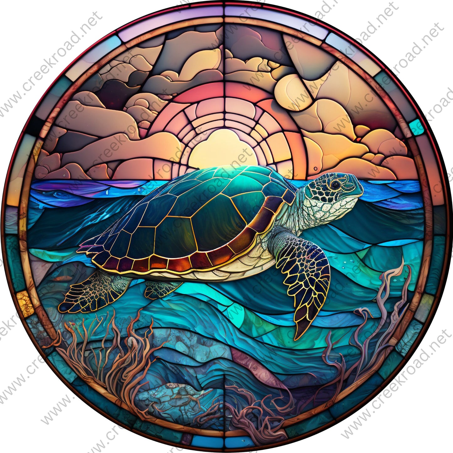 Welcome Sea Turtle Swimming the Ocean at Sunset-CHOOSE YOUR FINISH- Faux Stained Glass Wreath Sign-Sublimation-Attachment-Decor