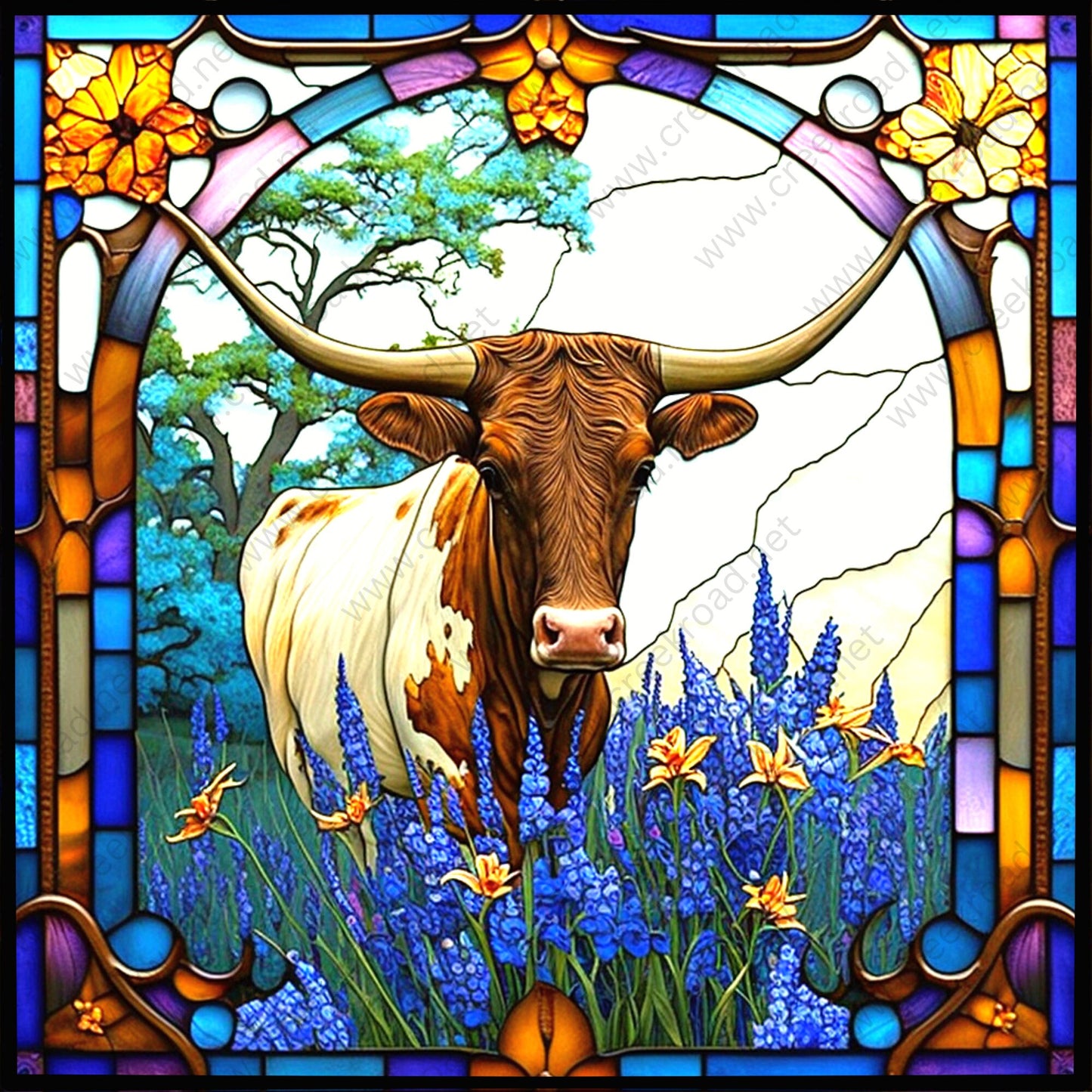 Texas Longhorn Standing in Field of Bluebonnets Faux Stained Glass Wreath Sign-10" x 10" Square-Aluminum-Sublimation-Attachment-Decor