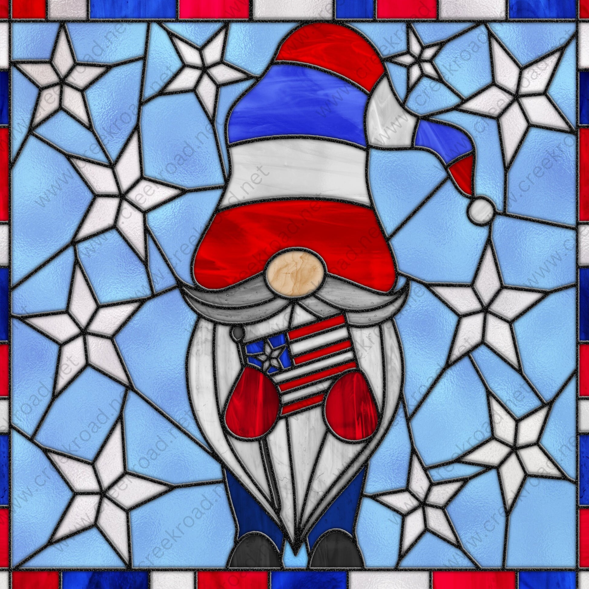 Patriotic Summer Gnome with Start Red White Blue Background Faux Stained Glass Wreath Sign-10" x 10" Square-Sublimation-Attachment-Decor