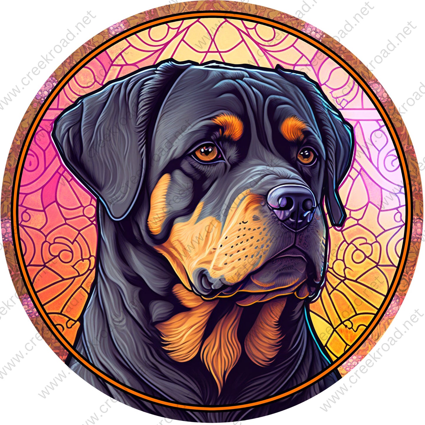 Black Rottweiler with Colorful Background FAUX Stained Glass Wreath Sign-Round-Everyday-Spring-Sublimation-Aluminum-Attachment-Decor