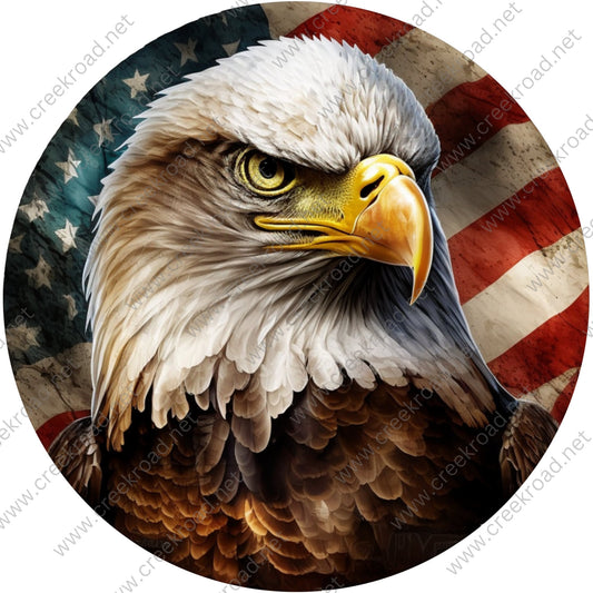 Patriotic Bald Eagle with American Flag Background Wreath Sign-Round-Everyday-Spring-Sublimation-Aluminum-Attachment-Decor