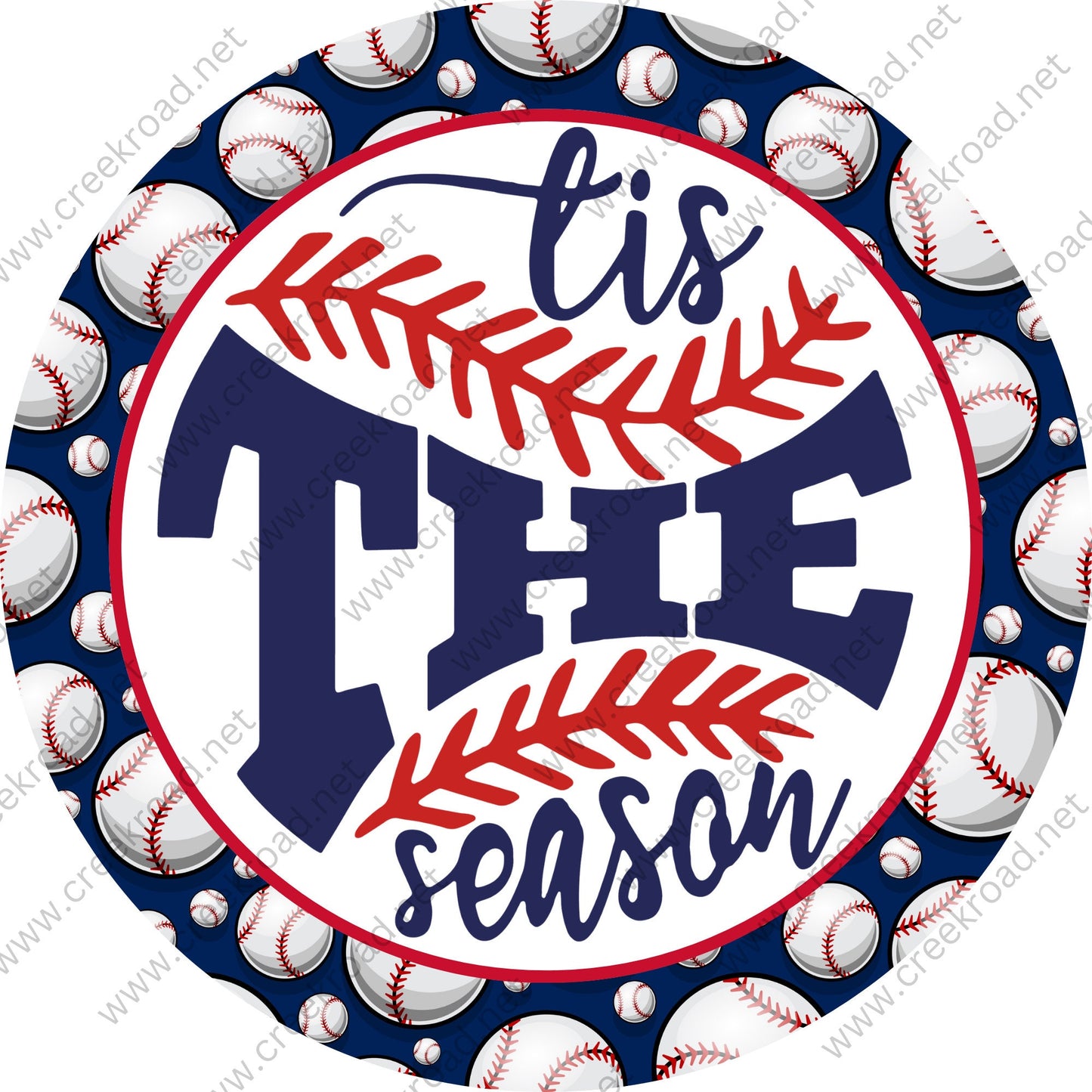 Tis The Season Baseball with Baseball Border Wreath Sign-Red White Blue-Sports-Sublimation-Round-Decor