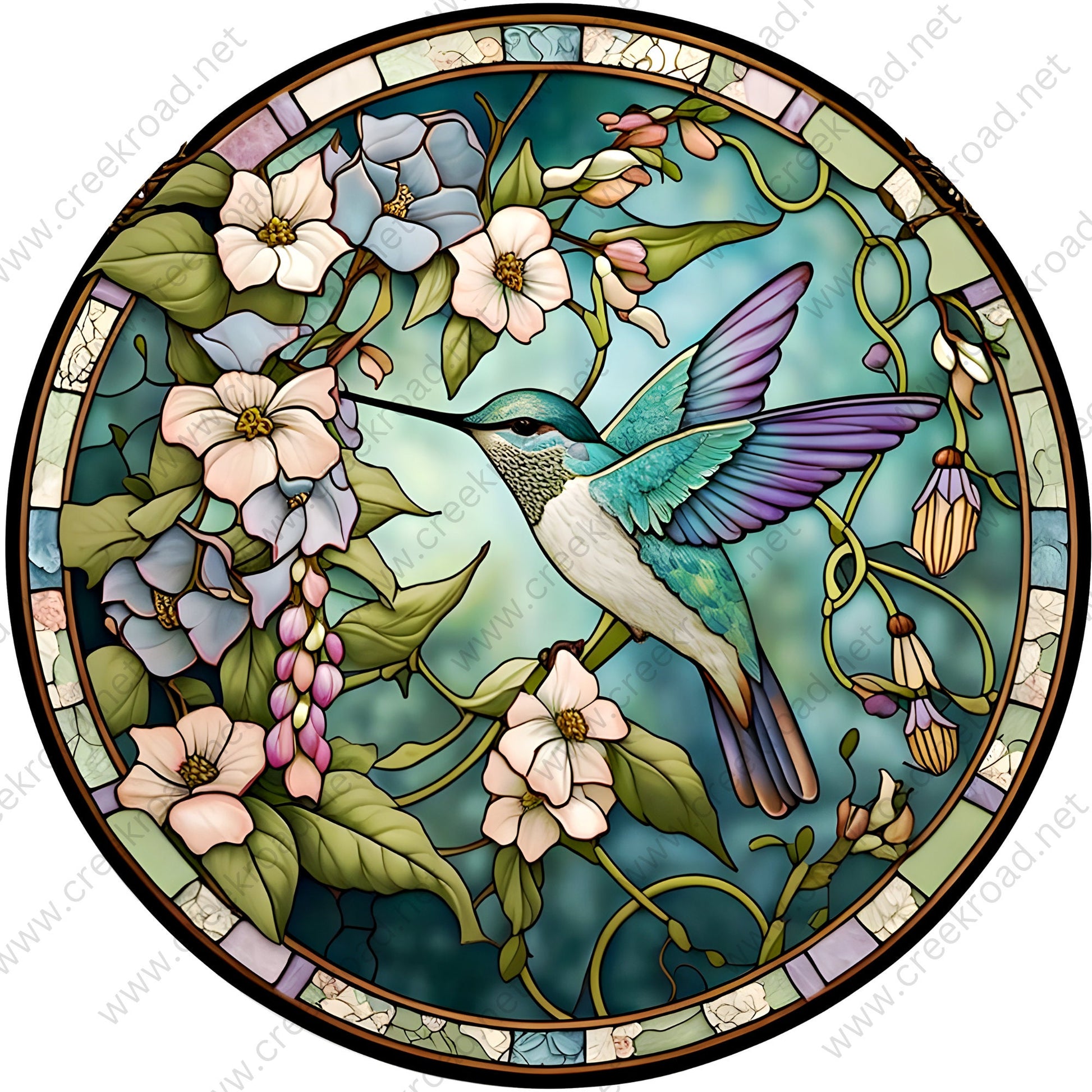 Spring Hummingbird Teal Lavender Wings Faux Stained Glass Wreath Sign-Sublimation-Round-Spring-Summer-Decor