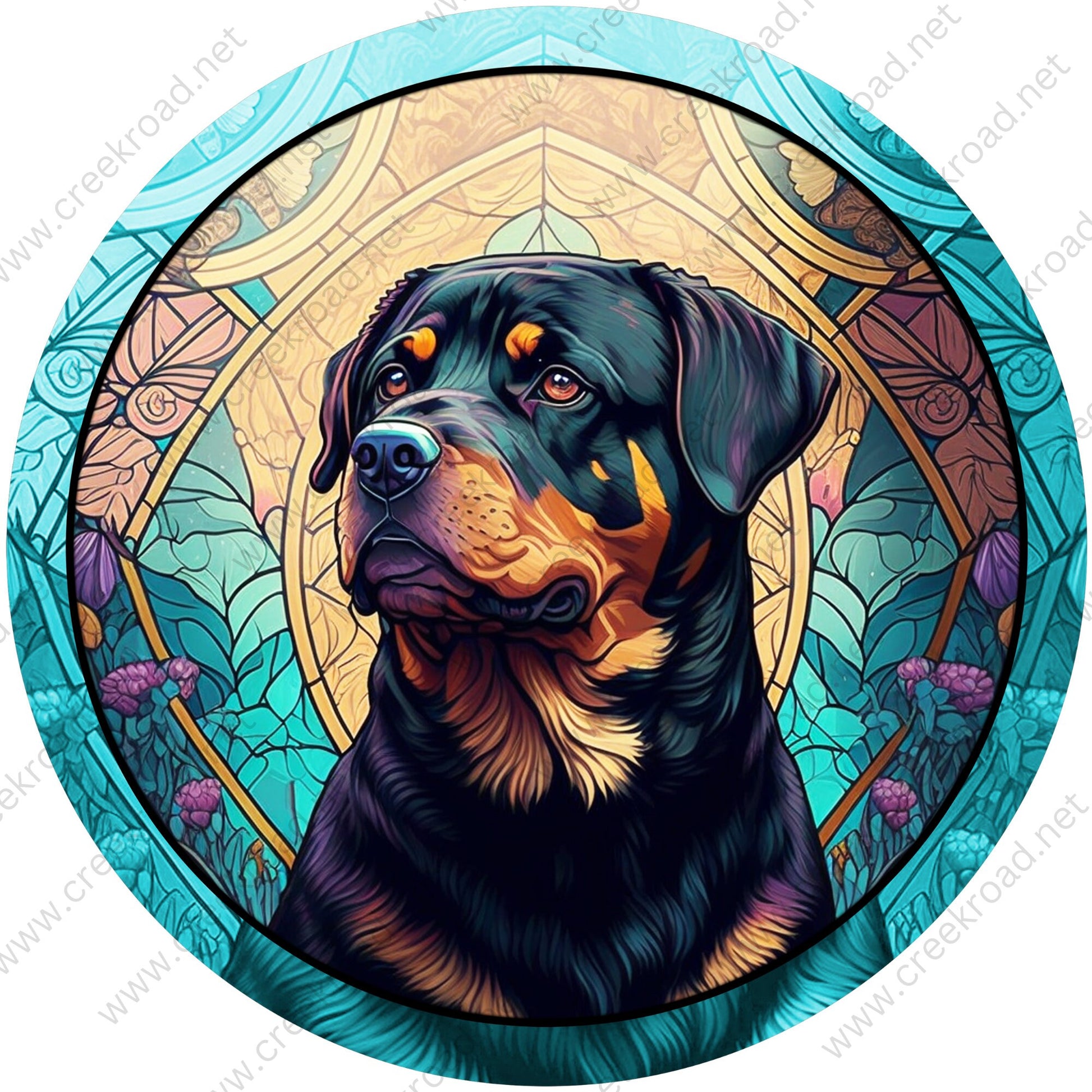 Black Rottweiler FAUX Stained Glass Wreath Sign-Round-Everyday-Spring-Sublimation-Aluminum-Attachment-Decor