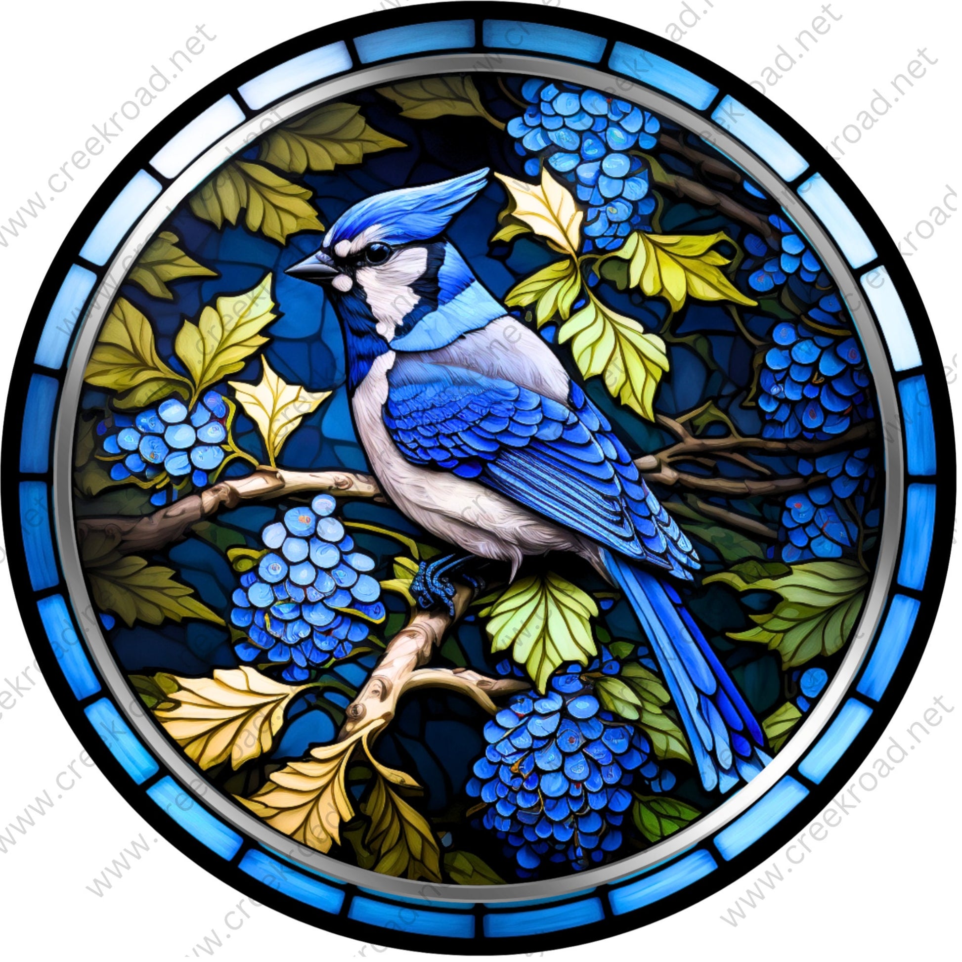 Beautiful Blue Jays Sitting in Tree with Blue Flowers Wreath Sign Attachment-Sublimation-Round-Summer Spring Decor