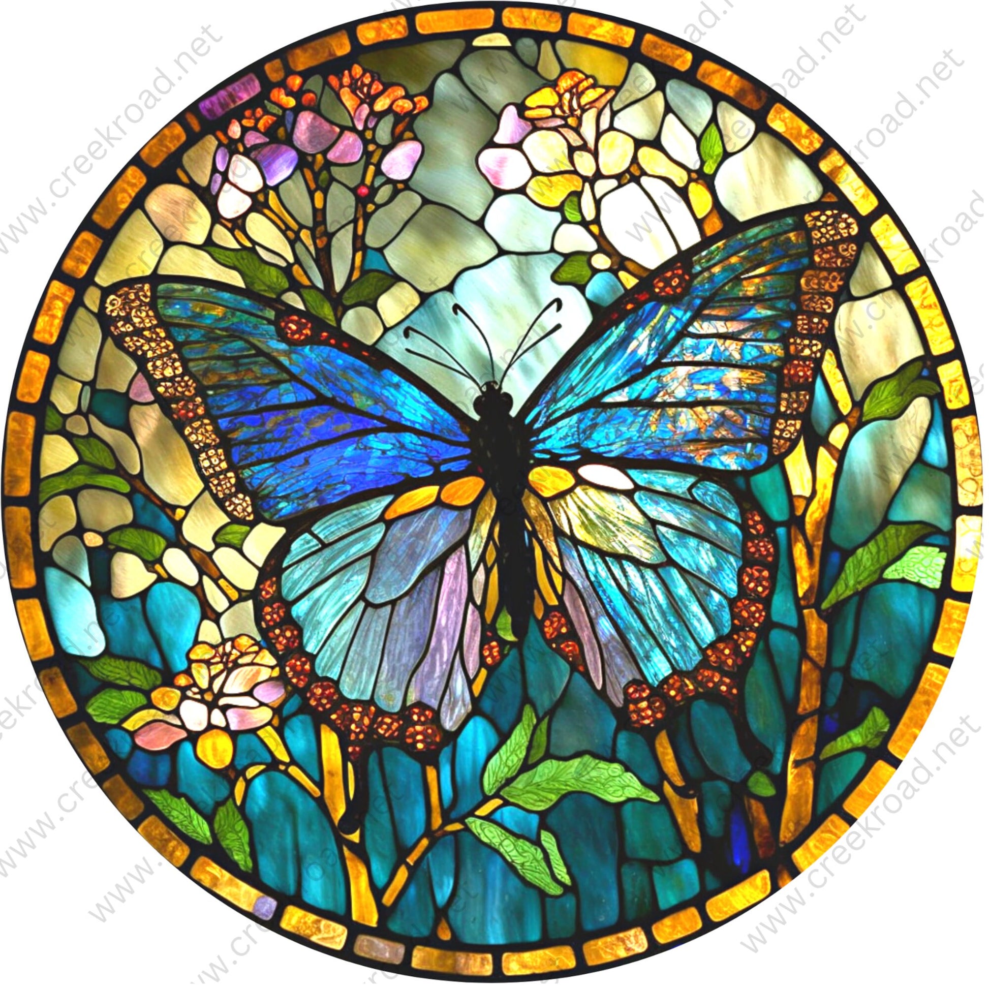 Spring Butterfly Blue Multi Color Wings Faux Stained Glass Wreath Sign Attachment-Sublimation-Round-Summer Spring Decor