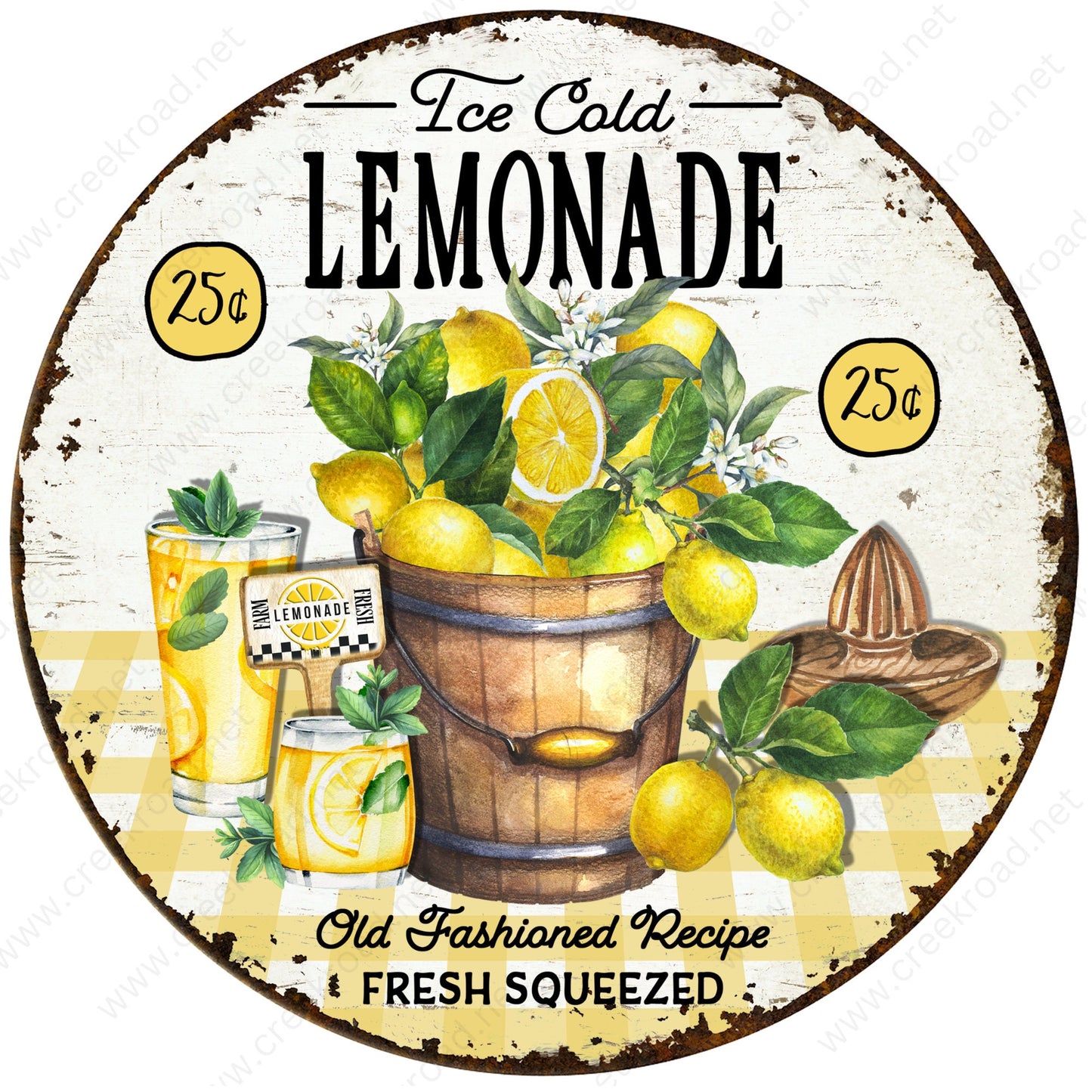 Ice Cold Lemonade Fresh Squeezed Vintage Faux Distress Border Wreath Sign Attachment-Sublimation-Round-Summer Spring Decor