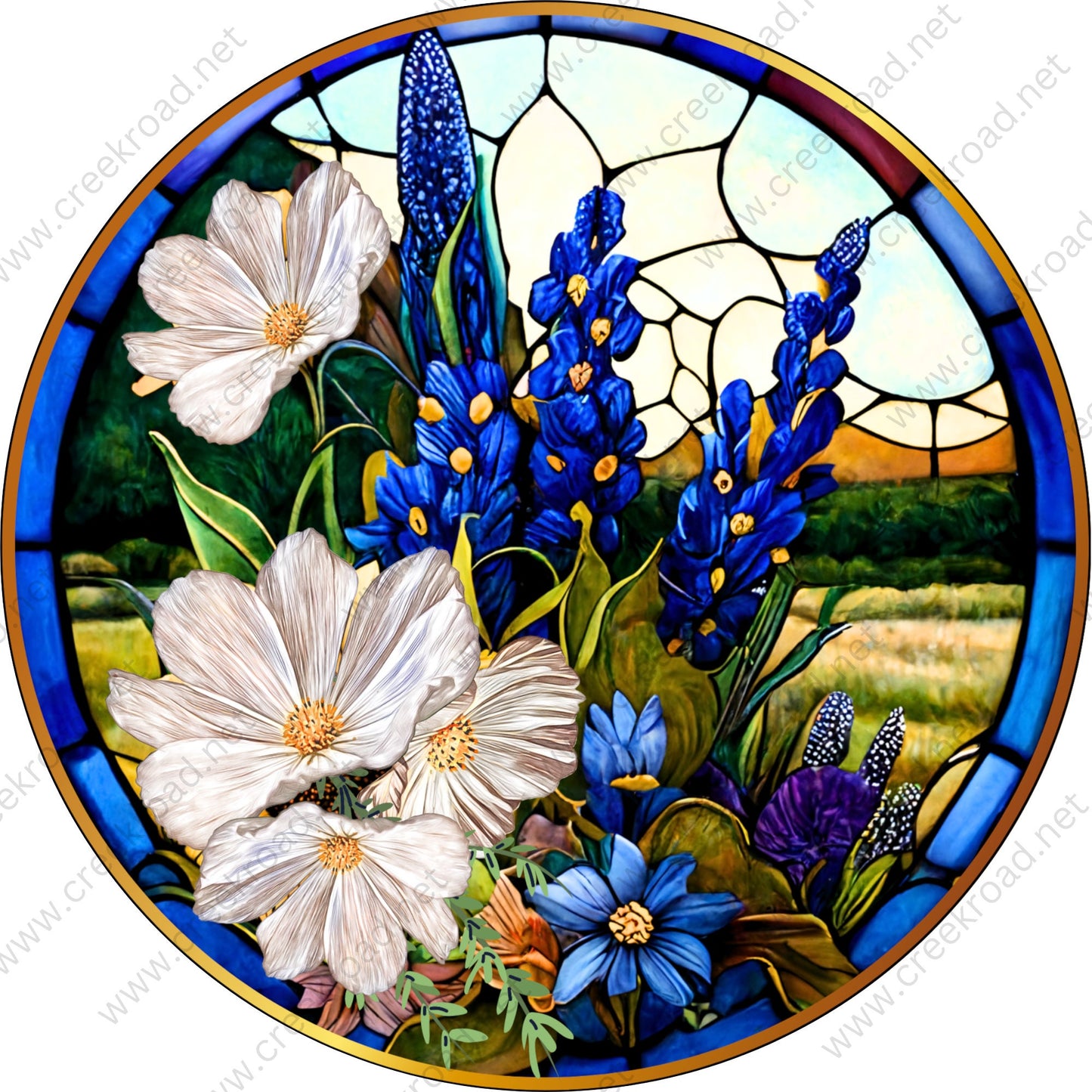 Texas Bluebonnet Flowers Bouquet in Spring Pasture Faux Stained Glass Wreath Sign Attachment-Sublimation-Round-Summer Decor