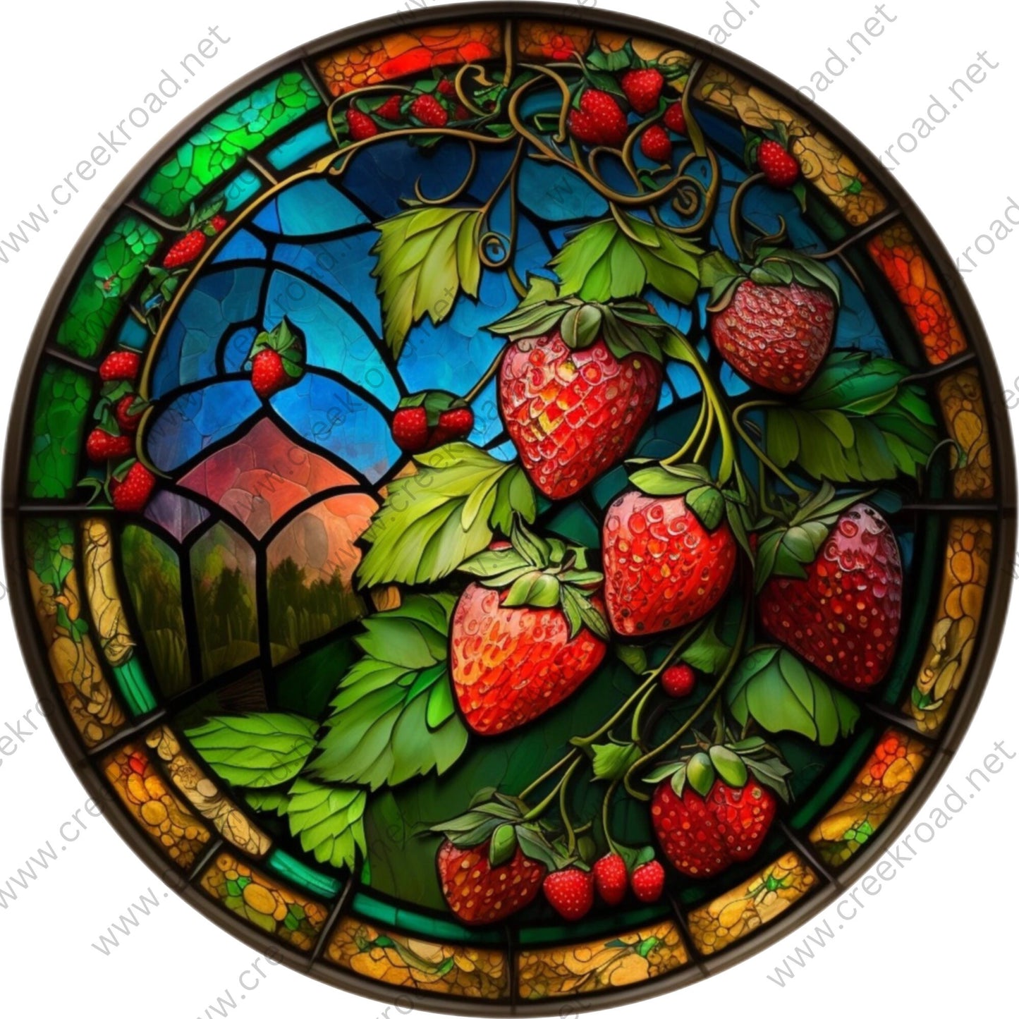 Colorful Red Strawberry Orchard Faux Stained Glass Wreath Sign Attachment-Sublimation-Round-Summer Decor