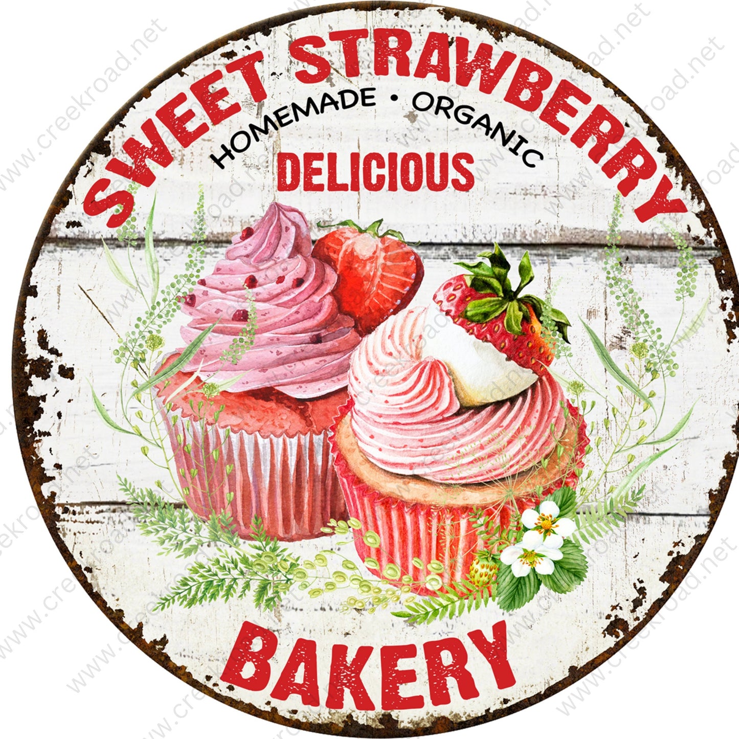 Sweet Strawberry Homemade Delicious Cupcake Bakery Vintage Distressed Wreath Sign Attachment-Sublimation-Round-Summer Decor