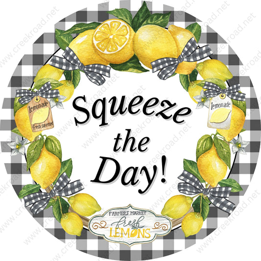 Squeeze The Day Wreath of Lemons with Black White Checkered Bows Wreath Sign Attachment-Sublimation-Round-Summer Decor