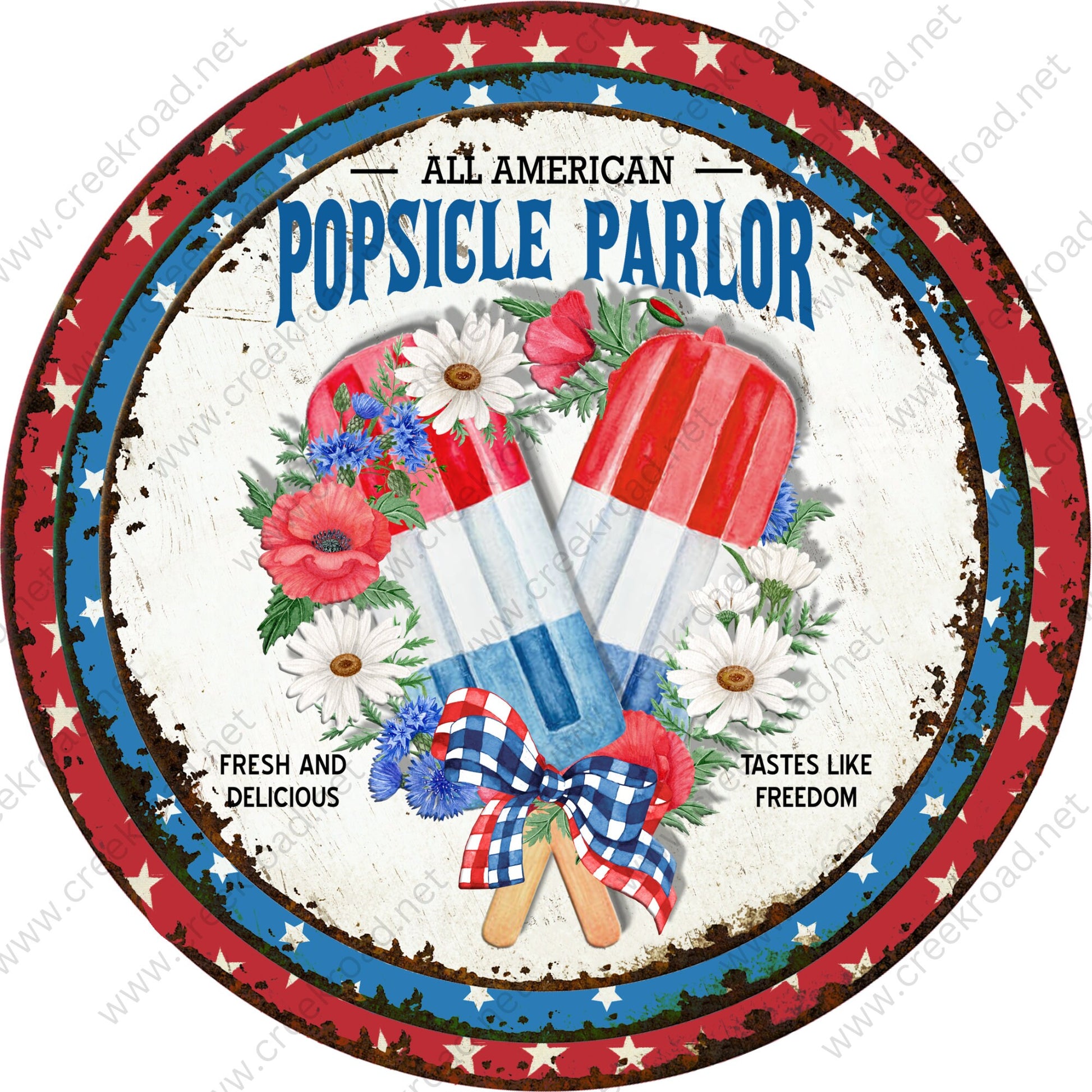 All American Popsicle Parlor with Florals and Bows Distressed Wreath Sign-Round-Sublimation-Aluminum-Attachment-Decor