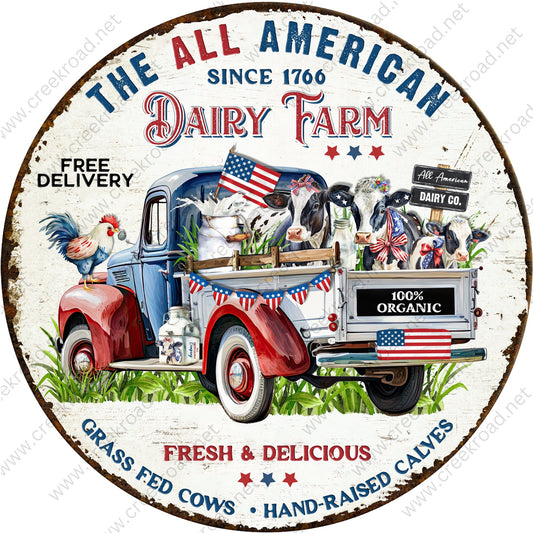 The All American Dairy Farm Since 1776 Distressed Wreath Sign Faux Rust Border-Round-Sublimation-Aluminum-Attachment-Decor