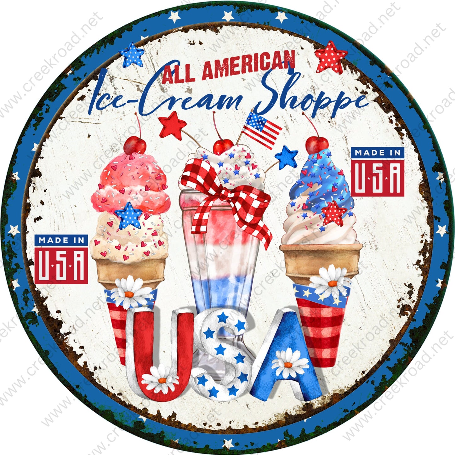 All American Ice Cream Shoppe Made in USA Vintage Distressed Wreath Sign-Round-Sublimation-Aluminum-Attachment-Decor